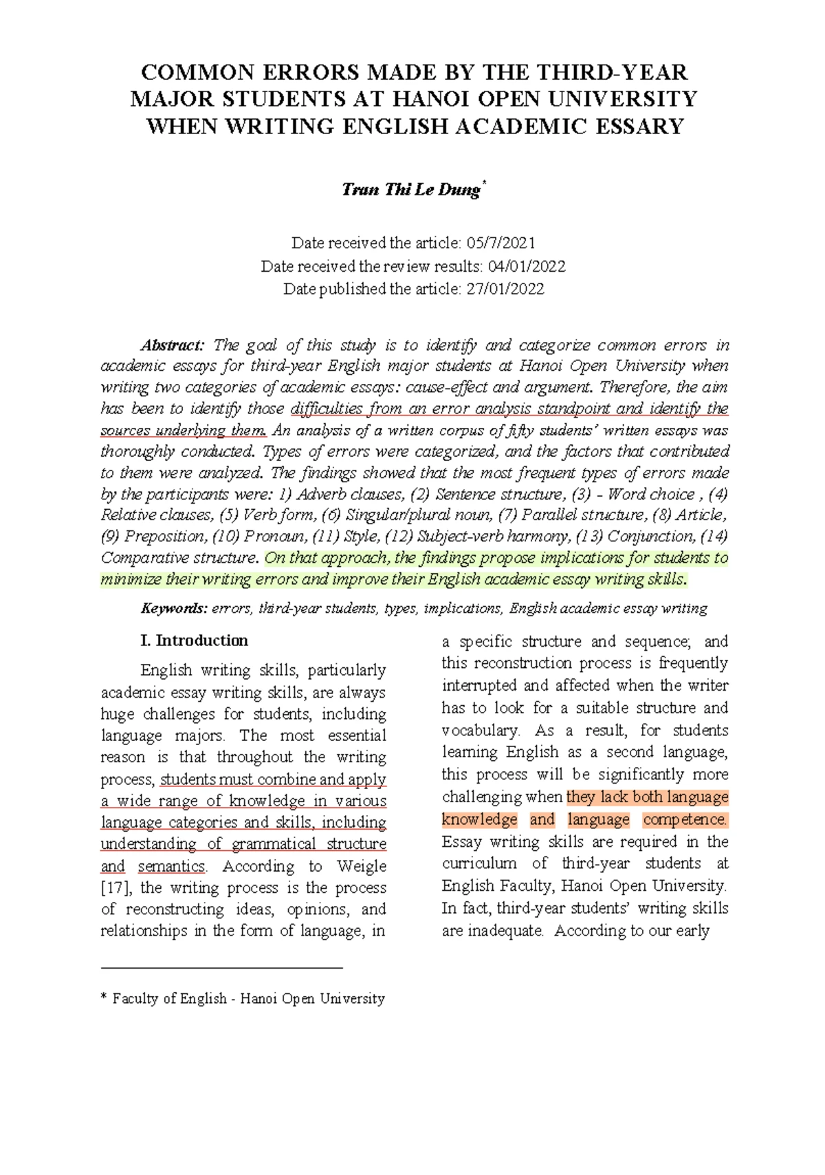 Common Errors in Academic Essays by Third-Year English Majors at HOU ...