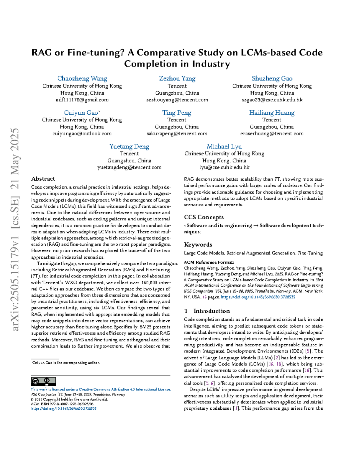 RAG vs. Fine-Tuning: A Comparative Study on Code Completion in Industry ...