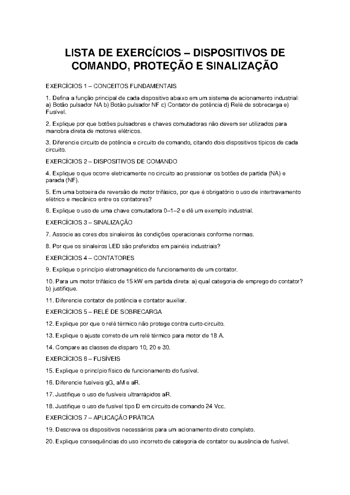 Lista de Exercícios - Dispositivos de Comando e Proteção Industrial ...