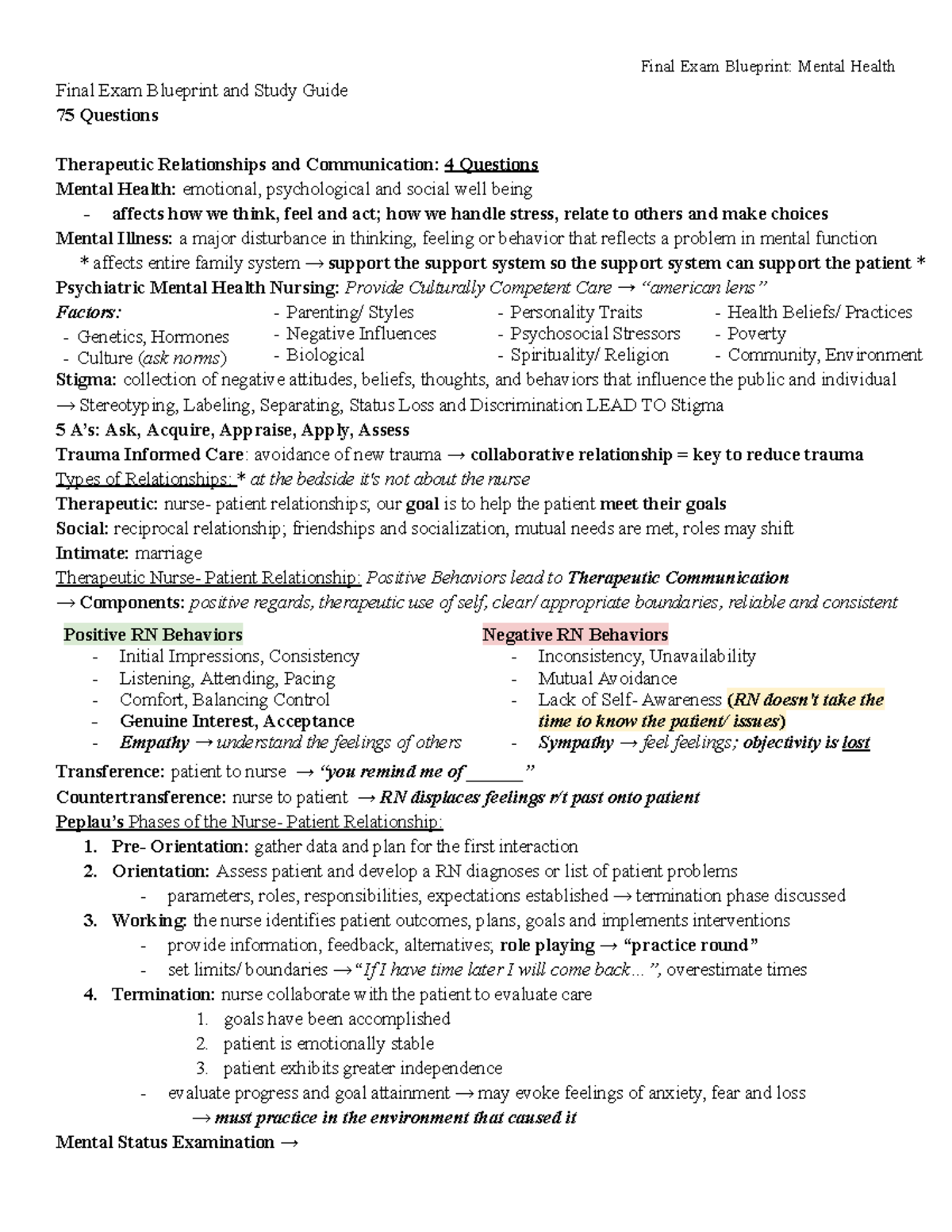NUR 240 Final Exam Study Guide: Key Concepts in Mental Health Nursing ...