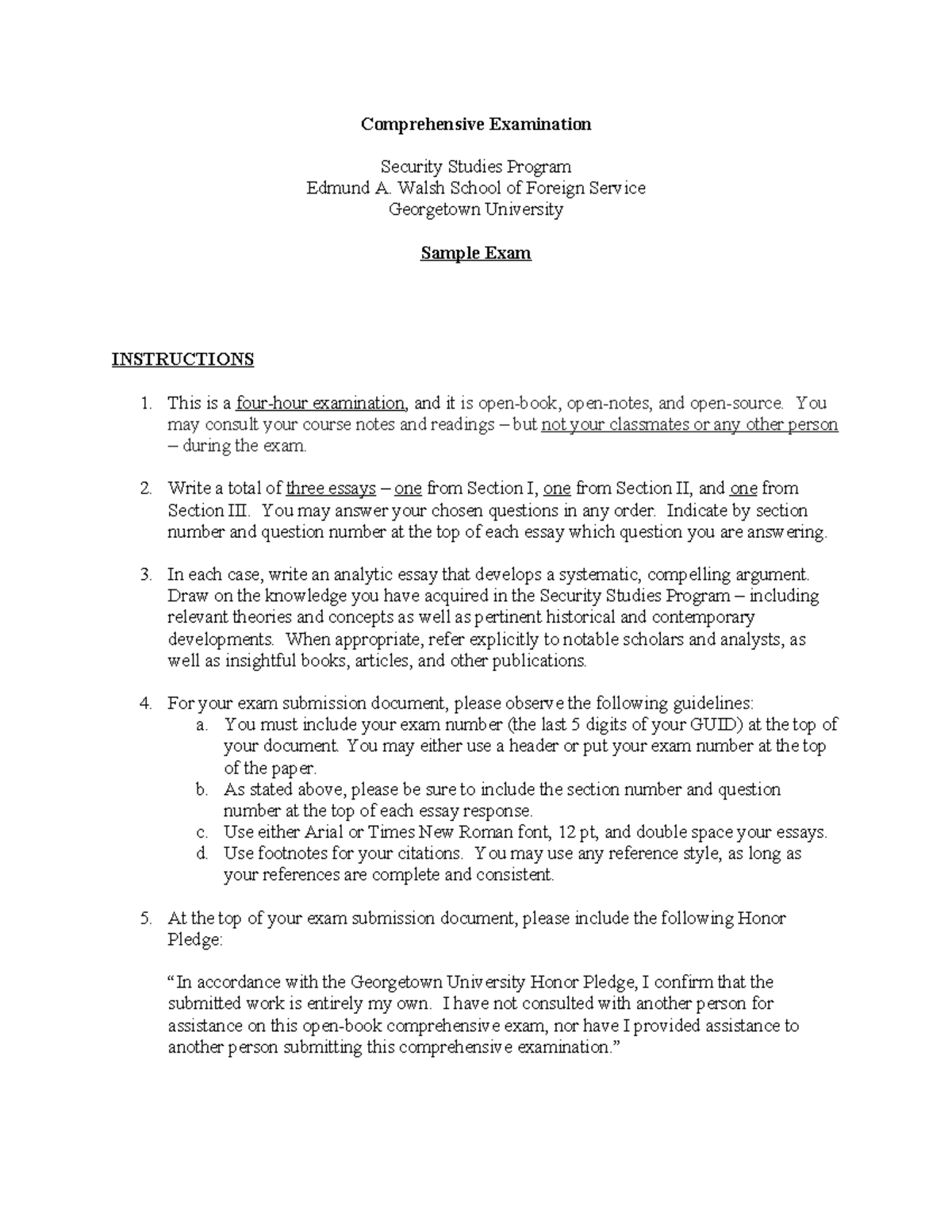 Security Studies Program: Comprehensive Sample Exam Guide Fall 2021 ...