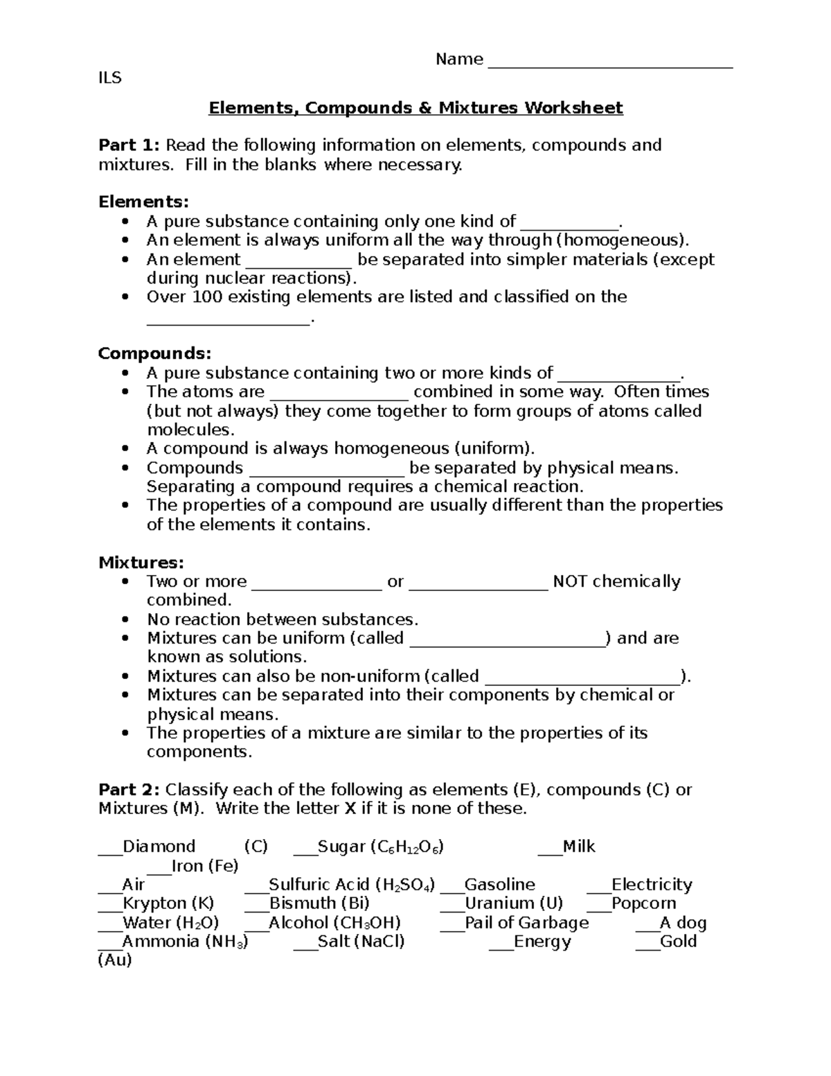 Elements Compounds and Mixtures Workshee - ILS Elements, Compounds ...