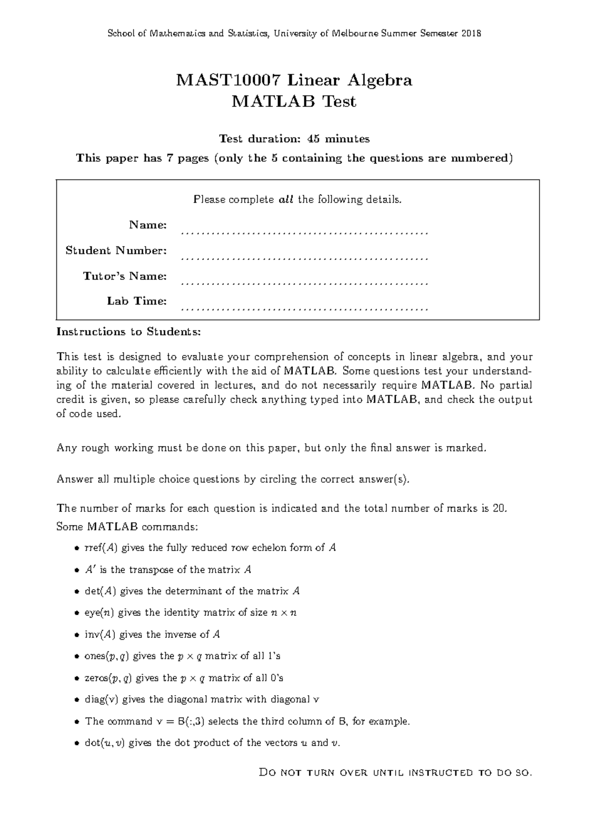 Mat Lab Test 18a-1 - Matlabtest 2018 s-2 - School of Mathematics and ...