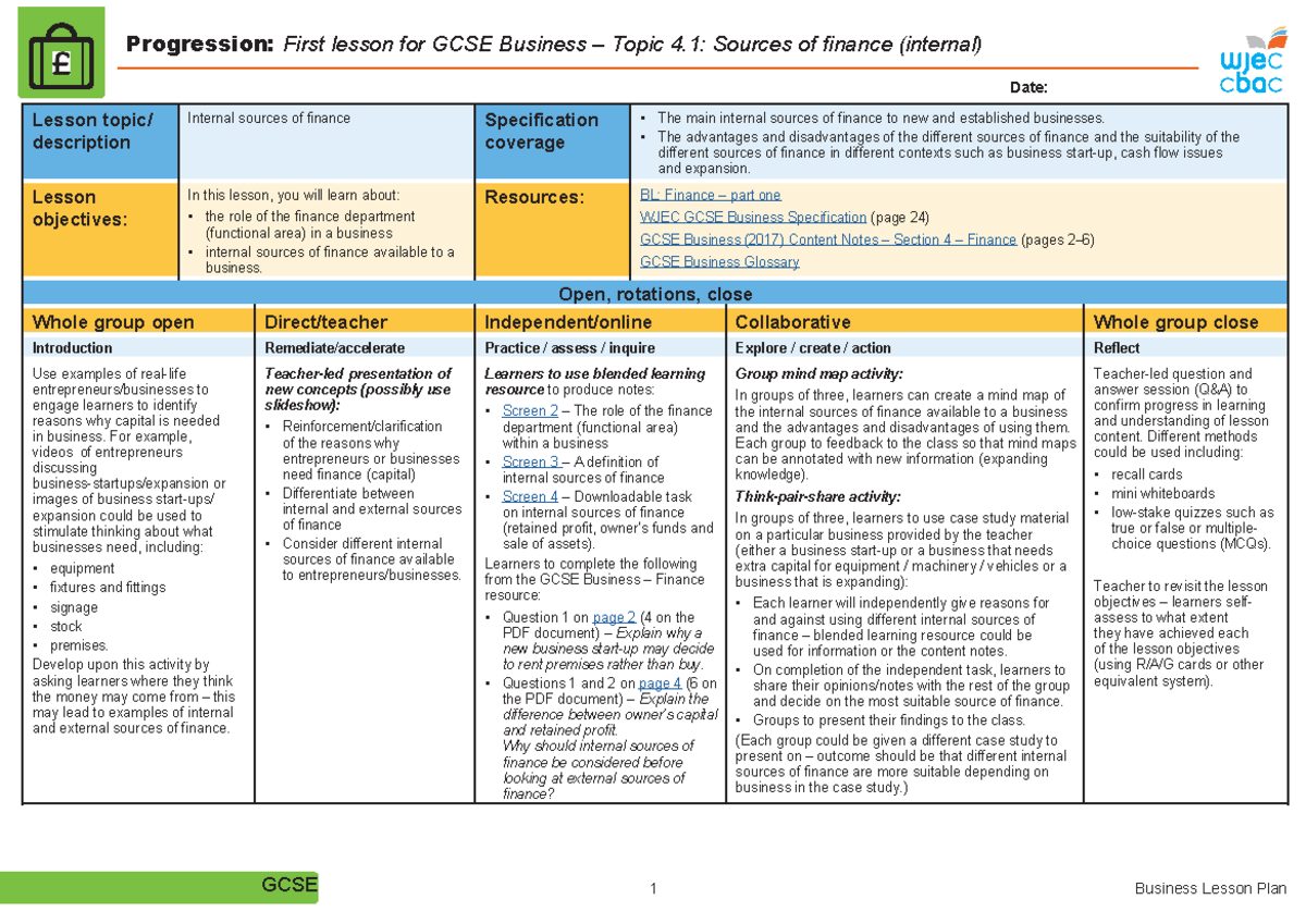 GCSE Business 4.1 Lesson Plan: Internal Sources of Finance (Lesson 1 ...