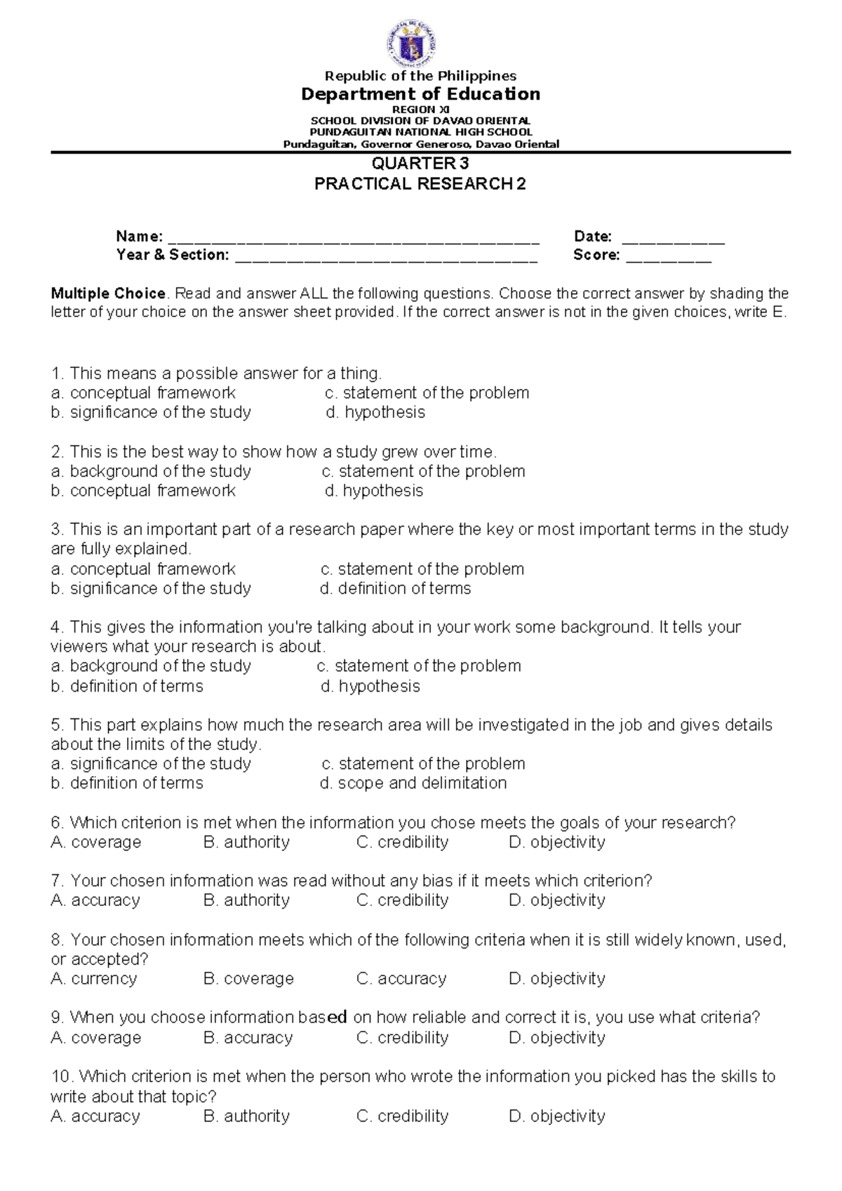 PR2 - Quarter 3 Practical Research 2 Test Questionnaire - Studocu