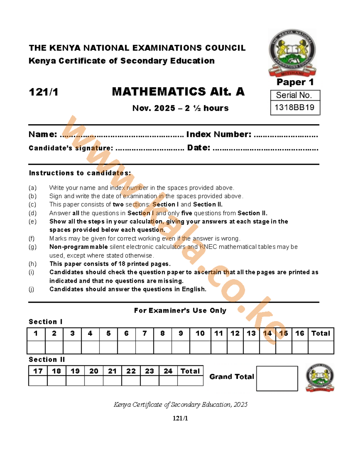 KCSE 2025 Mathematics Paper 1 Exam Questions and Instructions - Studocu