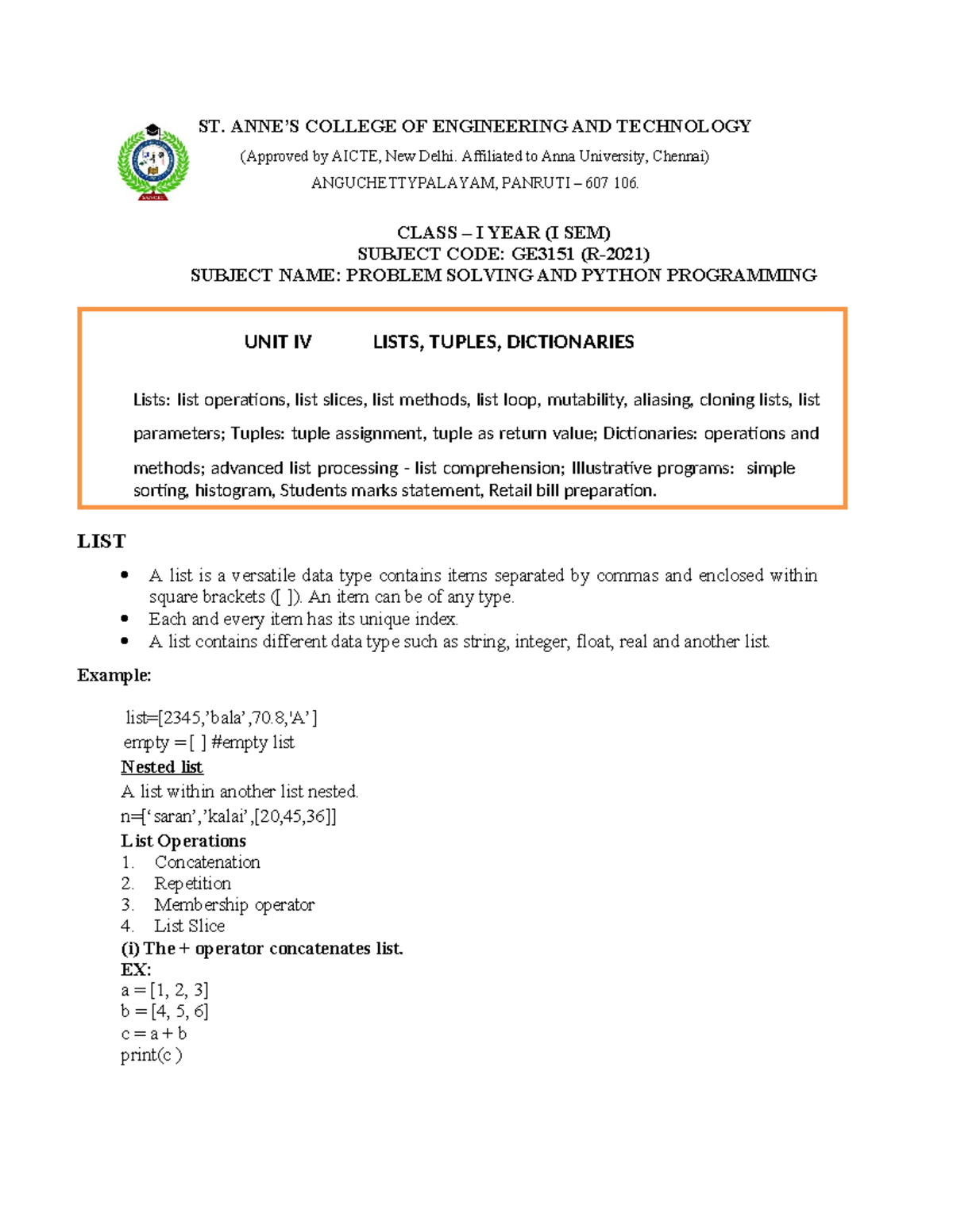 UNIT IV Notes on Python Lists, Tuples & Dictionaries (GE3151) - Studocu