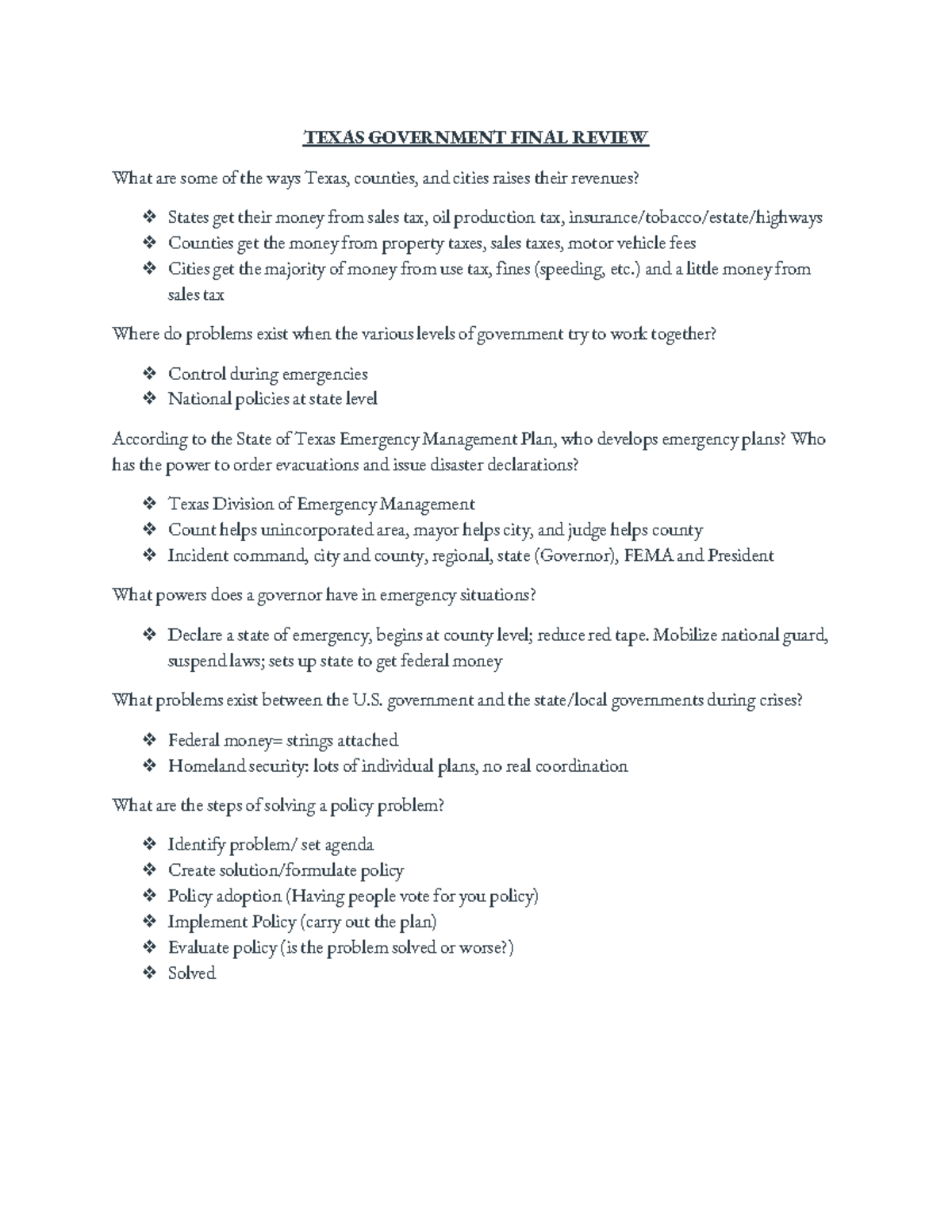 Government Final Review - TEXAS GOVERNMENT FINAL REVIEW What are some ...