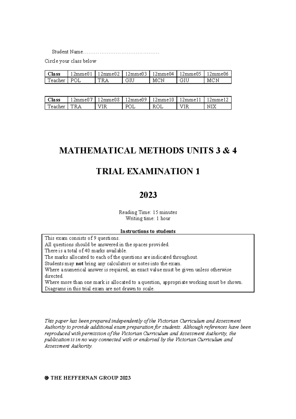 2023 Maths Methods Units 3 & 4 Trial Exam 1 Document - Studocu