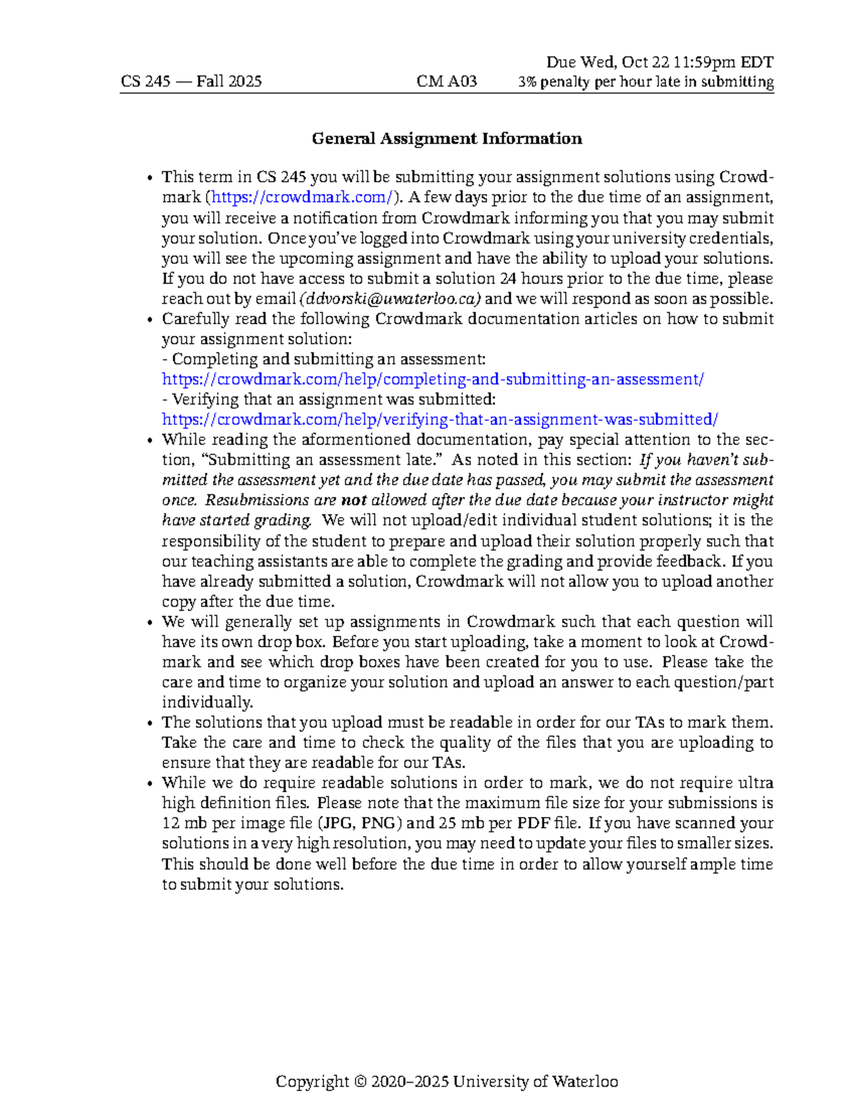 CS 245 Fall 2025 A03 General Assignment Submission Guidelines - Studocu