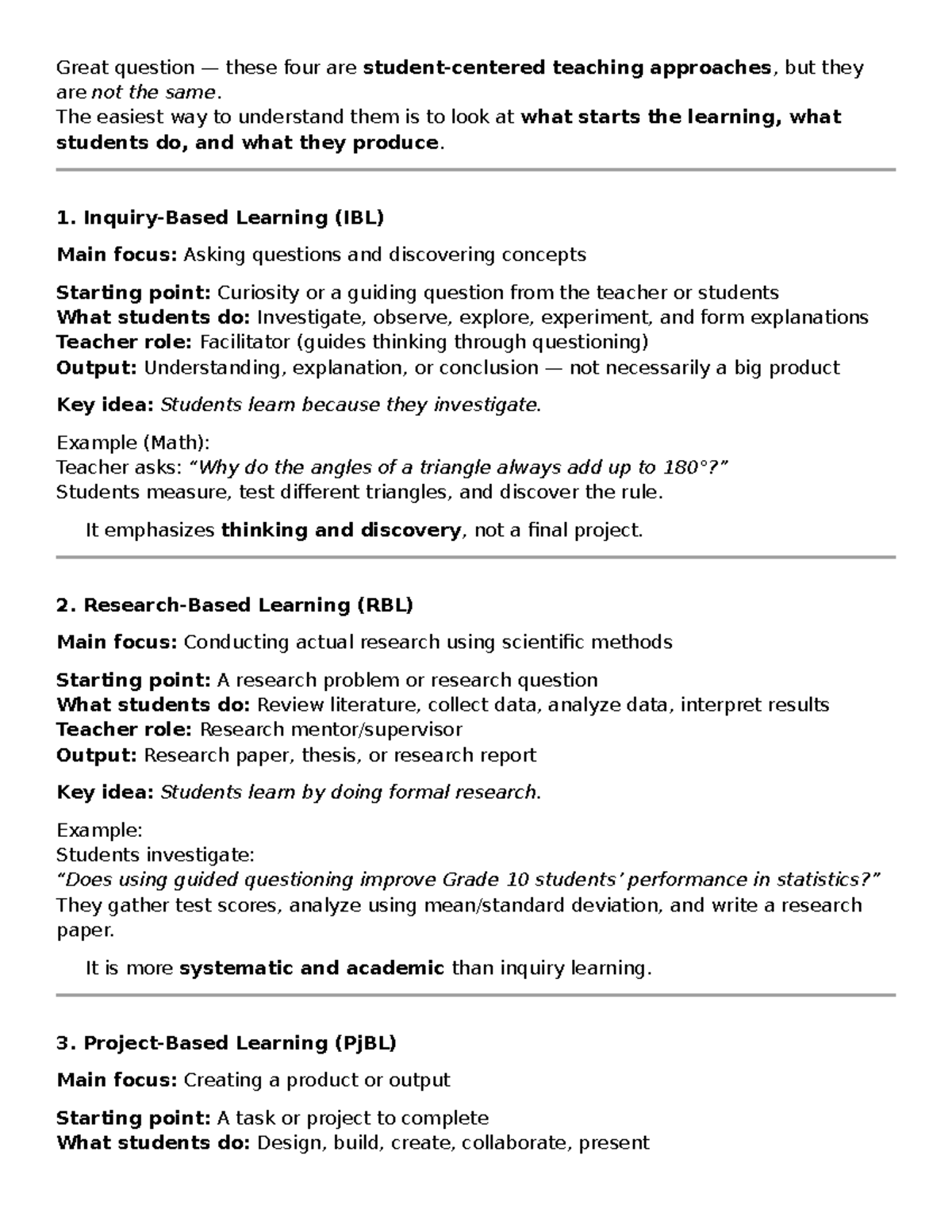 Teaching Approaches: IBL, RBL, PjBL, and PBL Explained - Studocu