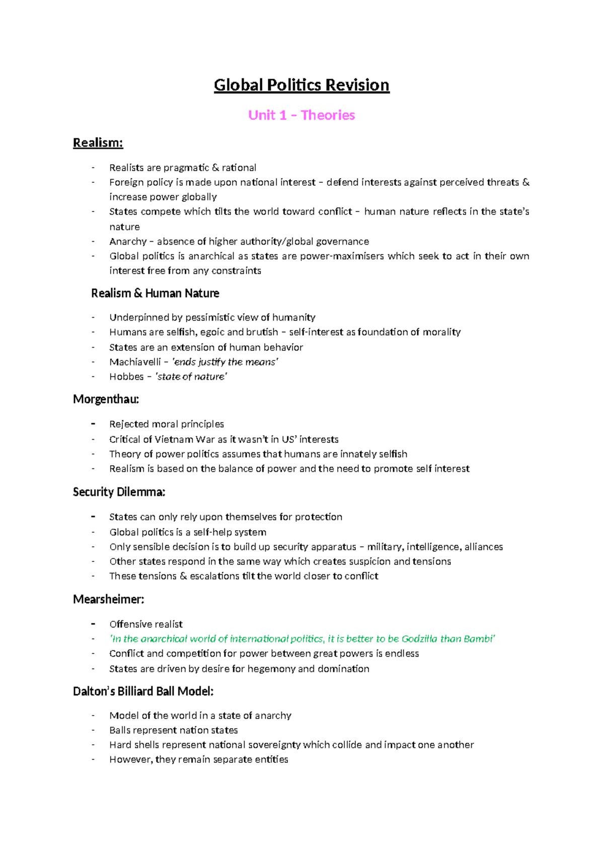 Global Politics Revision: Unit 1 Theories of Realism and Liberalism ...