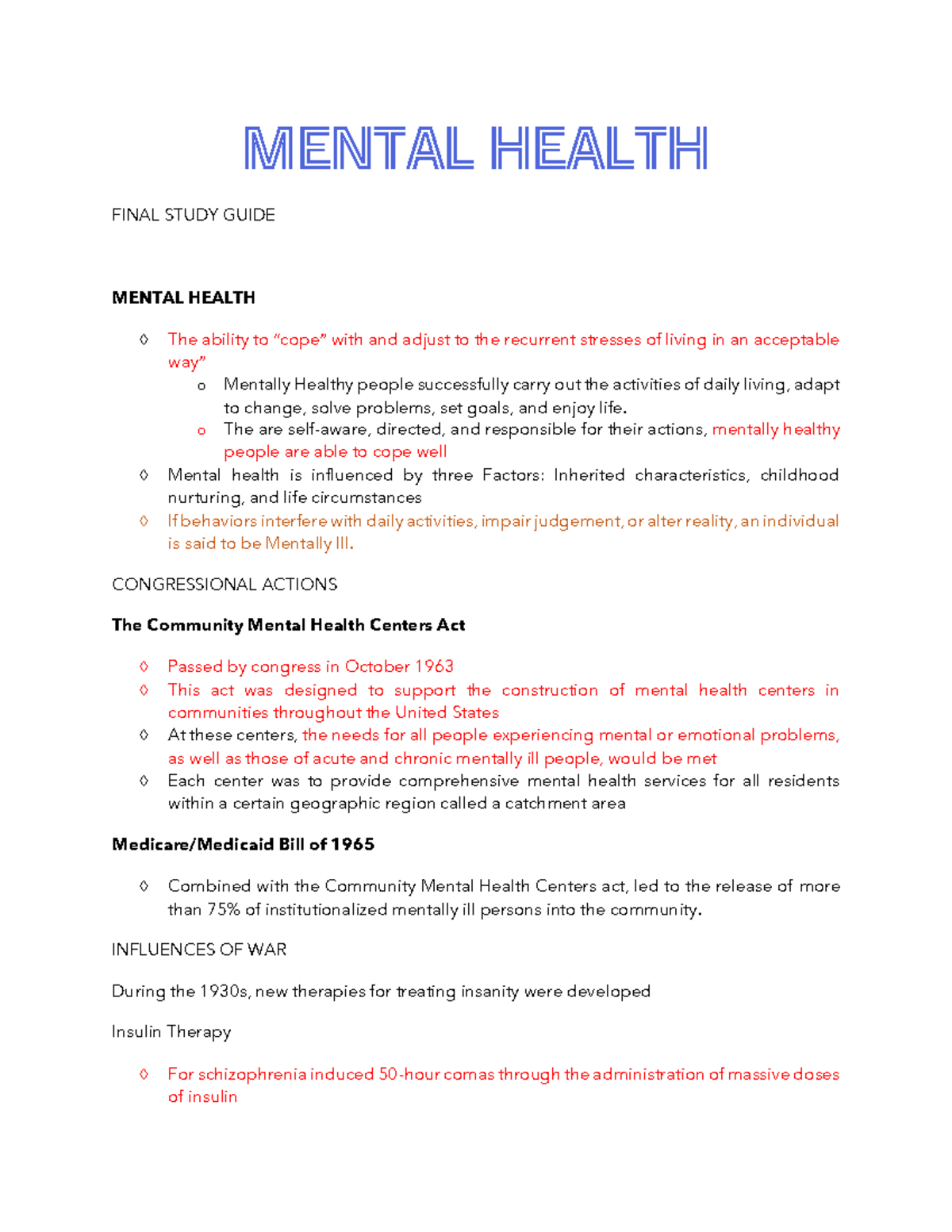 Mental Health (MH 101) Final Study Guide: Key Concepts & Treatments ...