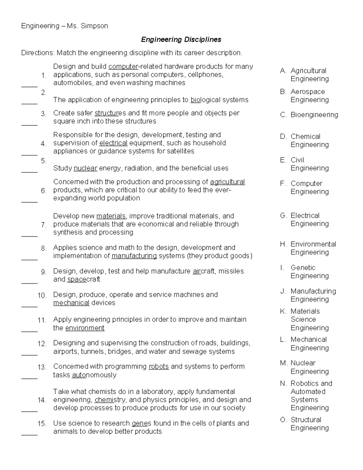 Engineering Disciplines Matching Activity - Ms. Simpson - Studocu