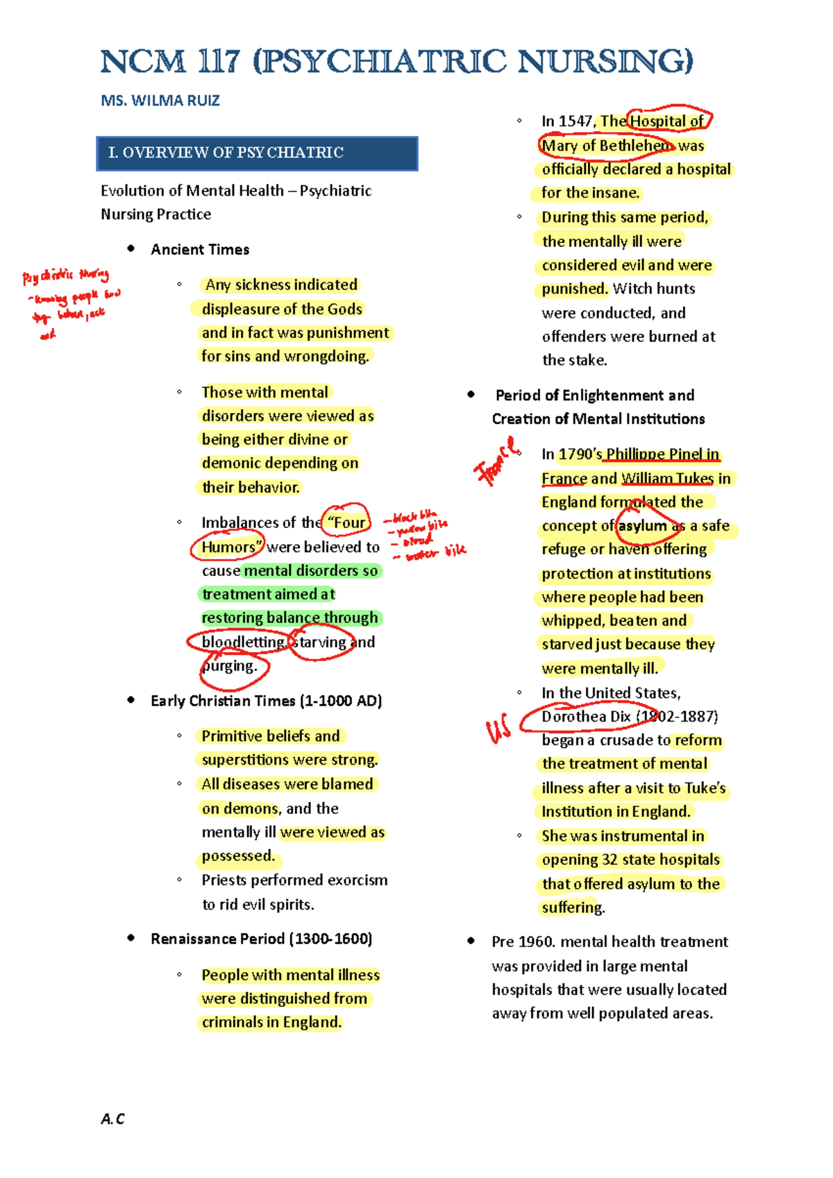 NCM 117 Psychiatric Nursing Overview: Historical Perspectives and Key ...
