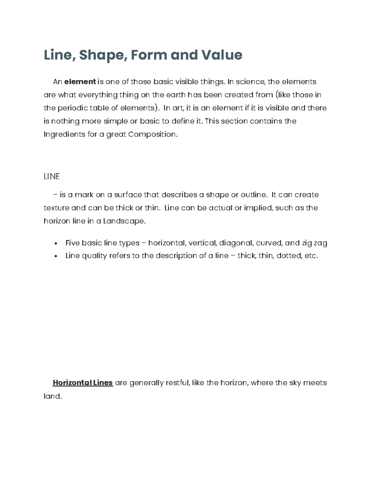 Art app mod 3 - art app - Line, Shape, Form and Value An element is one ...