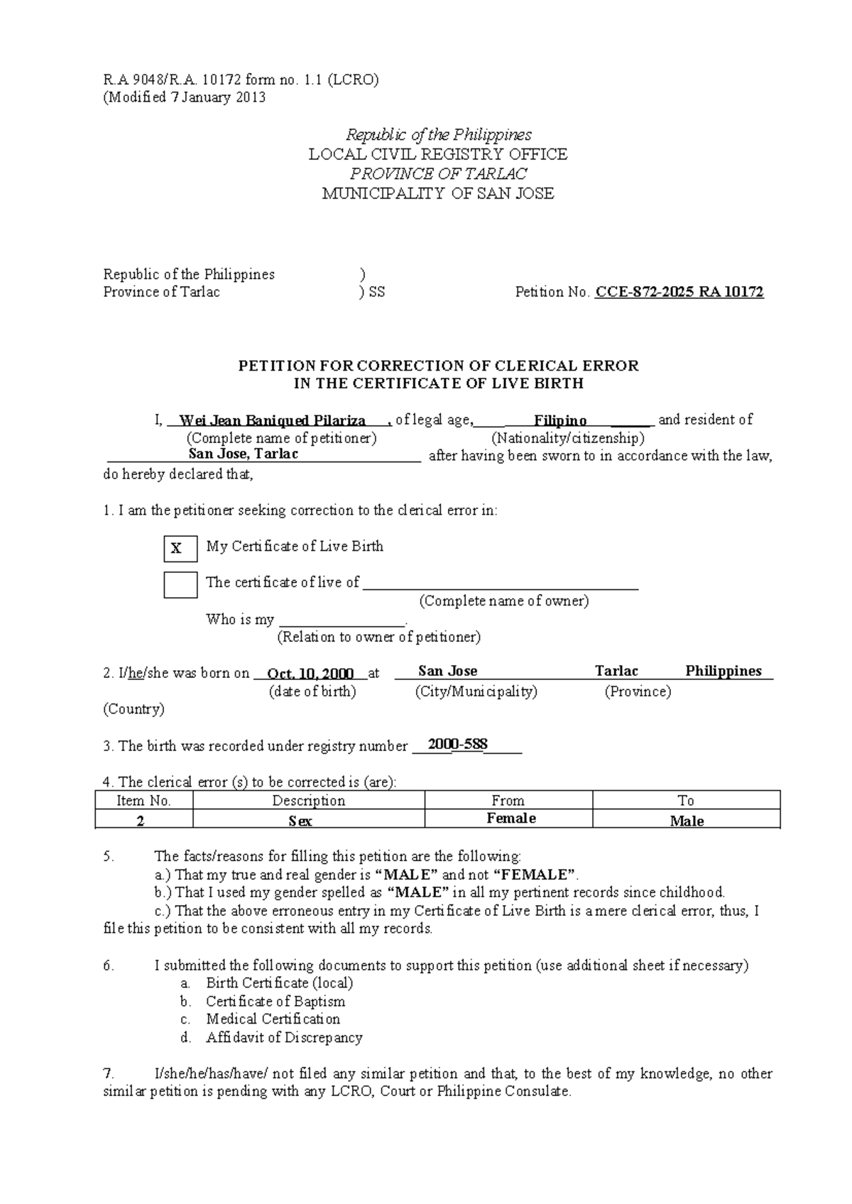 Petition for Correction of Clerical Error in Birth Certificate (RA ...