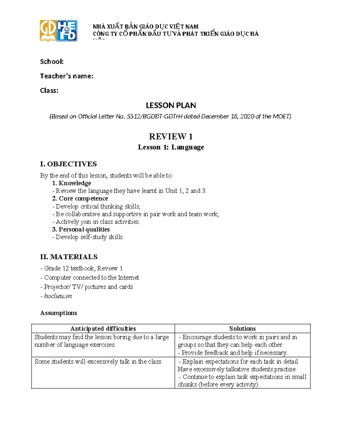 REVIEW 2 - Lesson Plans for Grade 12 Language Skills and Activities ...