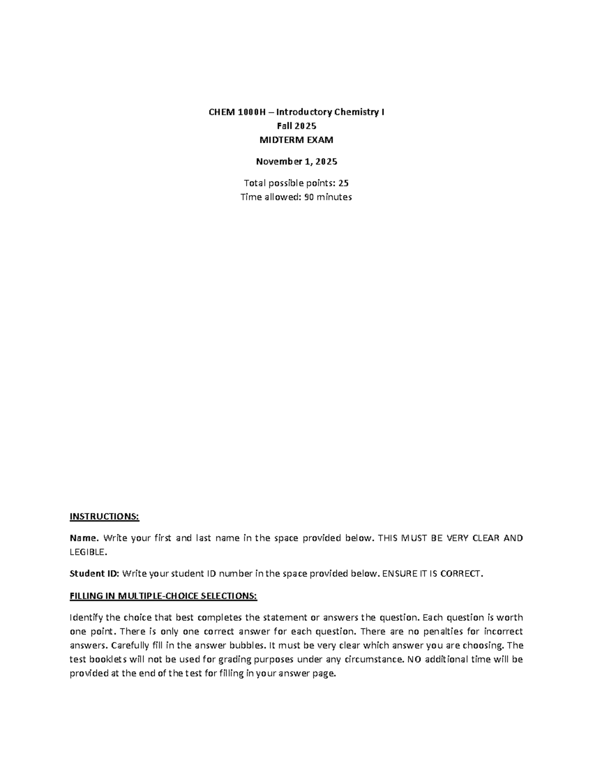 CHEM1000 FA2025 Midterm Exam Resource Sheet - Studocu