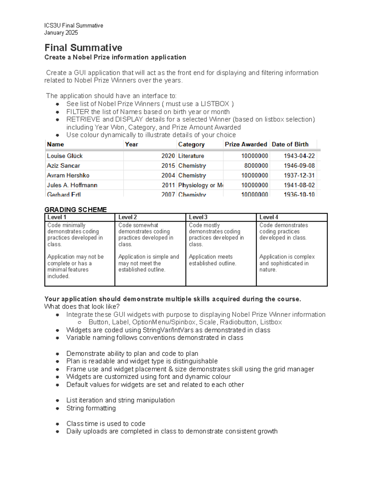 ICS3U Jan 2025 Final Performance Task - Nobel Prize Info GUI - ICS3U ...