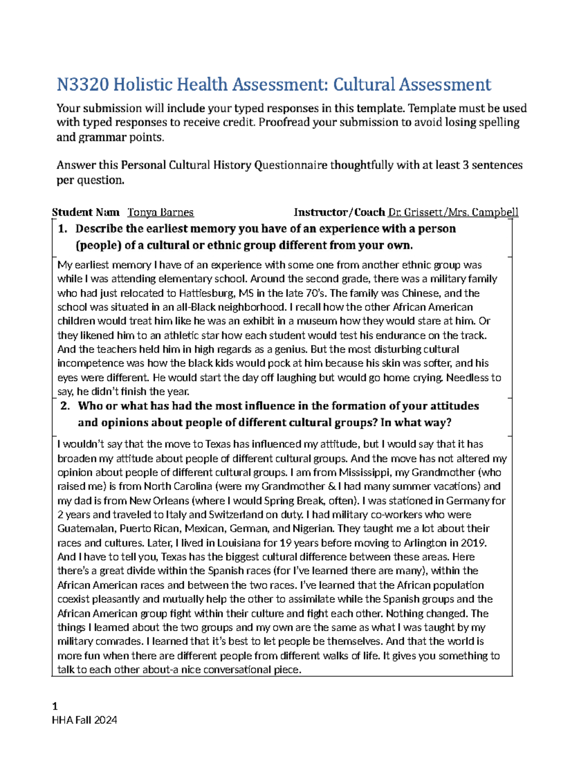 UTA-N3320-HHA-Cultural Spiritual Assessment - Student Nam Tonya Barnes ...