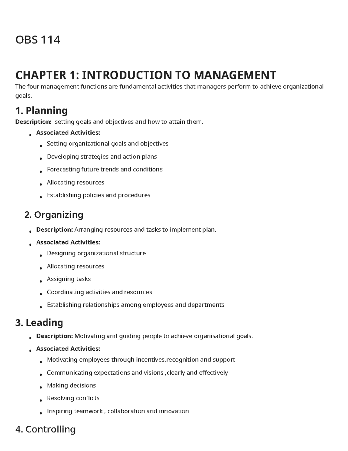 OBS 114: Chapter 1 - Introduction to Management - Studocu