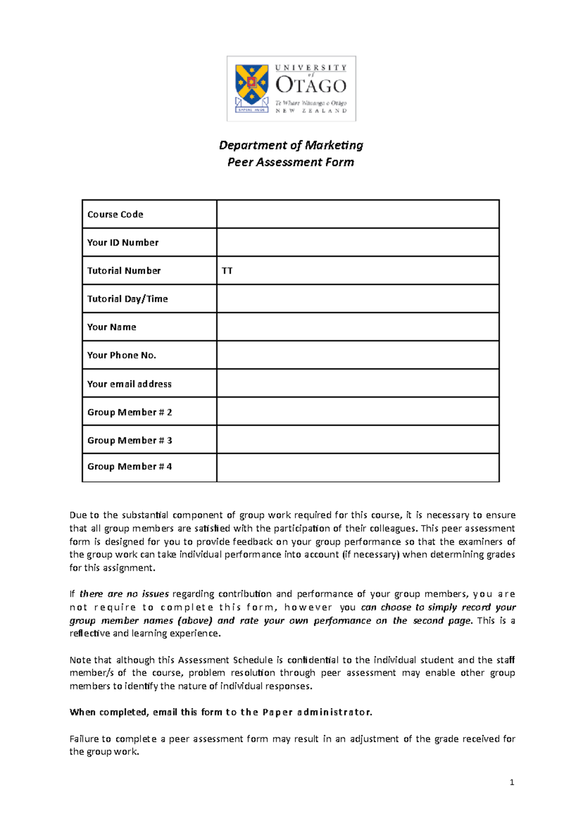 Peer Assessment Form - Department of Marketing Peer Assessment Form ...