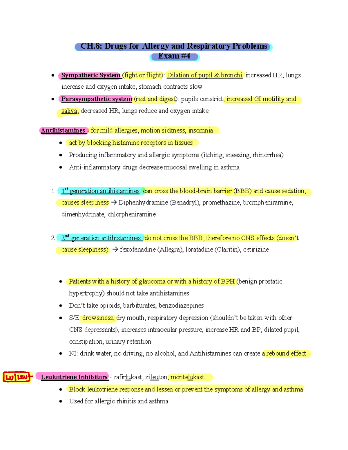 Pharm 234 - Exam 4 Study Guide: Allergy & Respiratory Drugs Overview ...