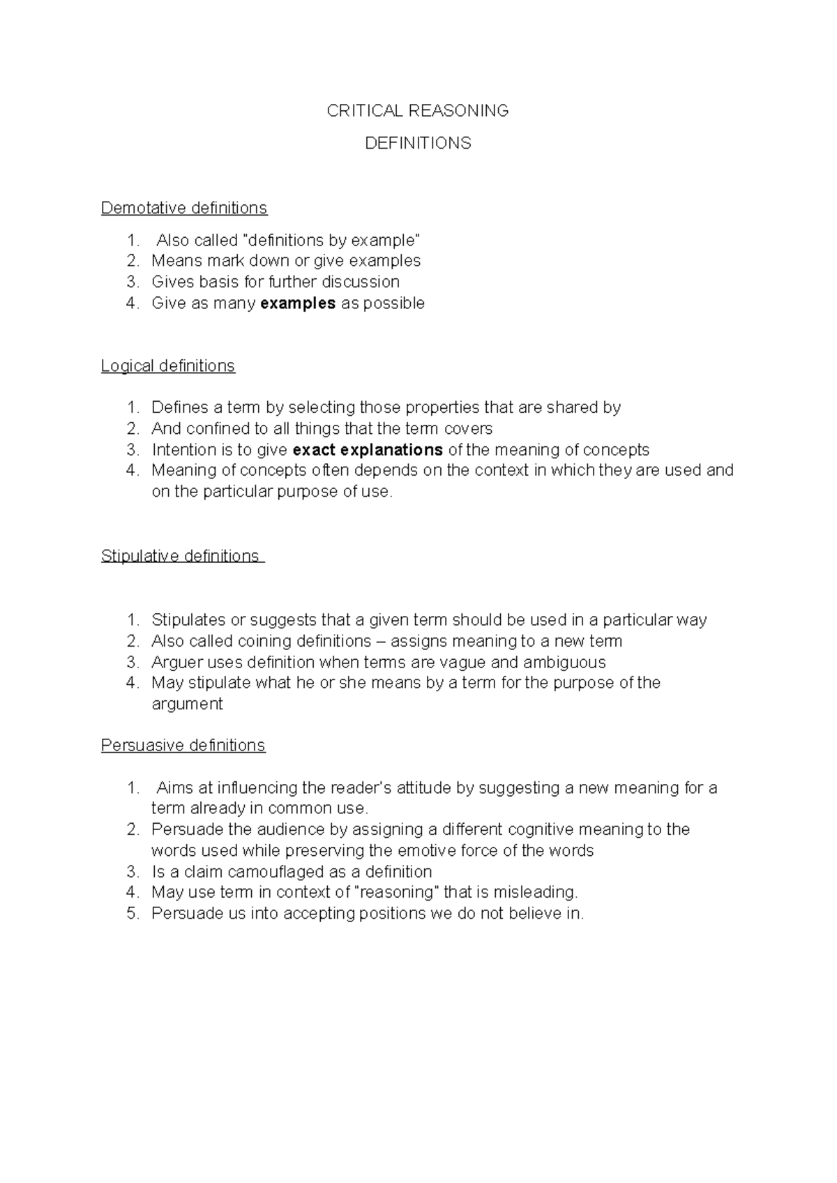CRITICAL REASONING DEFINITIONS: Types and Examples - Studocu