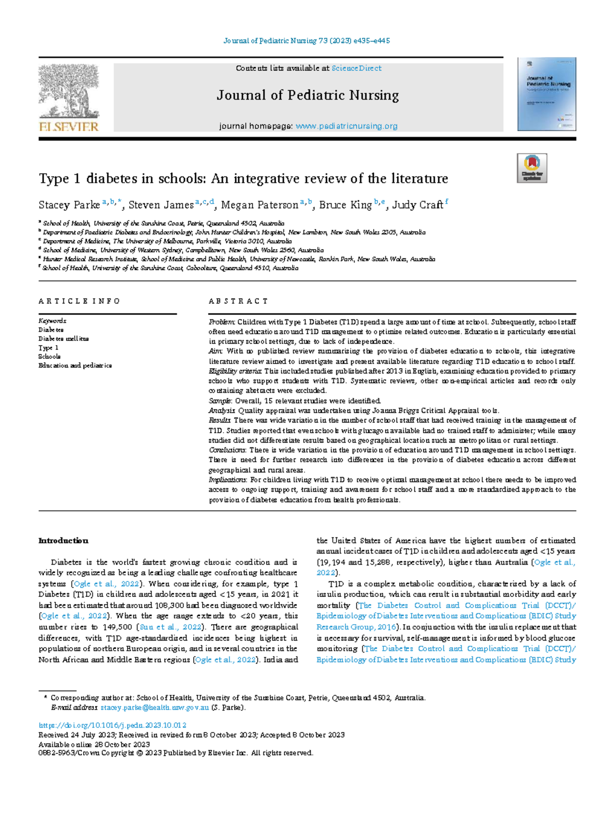 Type 1 Diabetes Management in Schools: An Integrative Literature Review ...