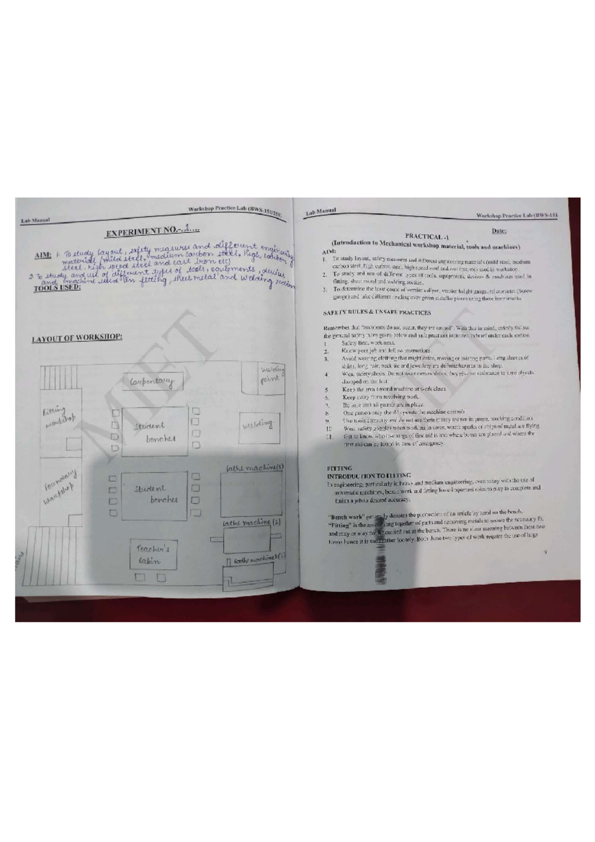 Workshop Practice Lab Manual: Mechanical Engineering Experiments - Studocu