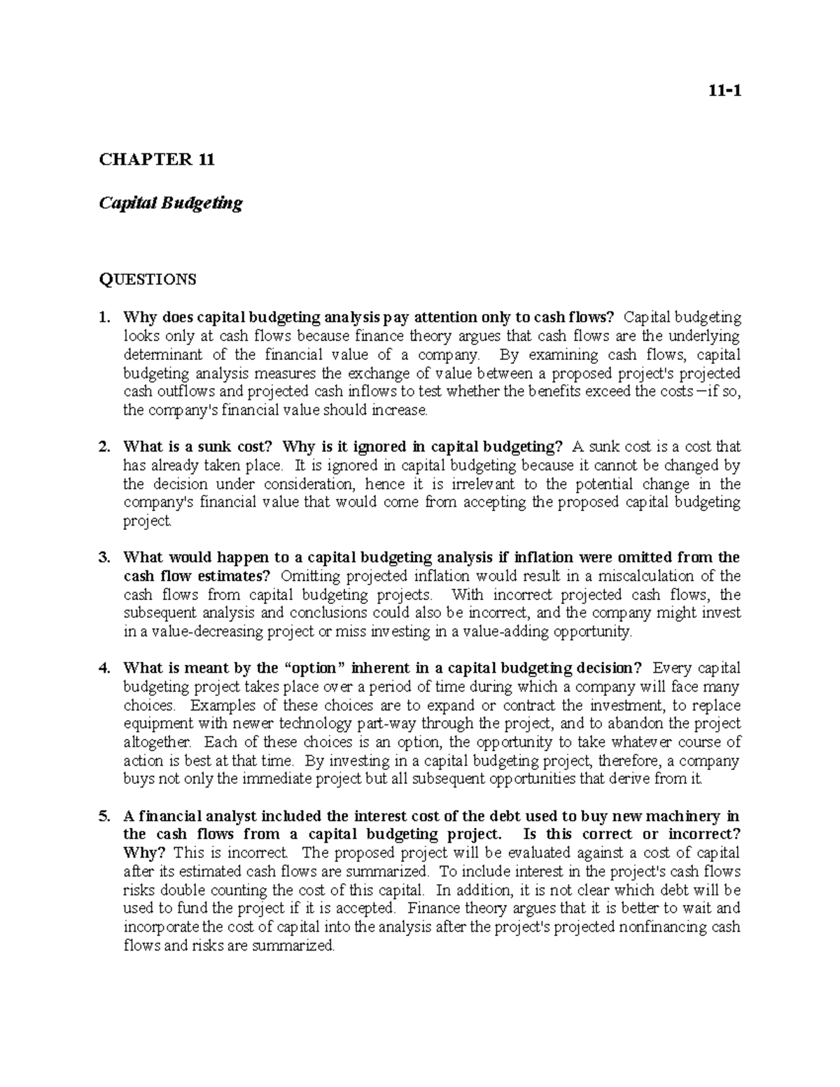Chapter 11 - Capital Budgeting Analysis and Key Concepts - Studocu
