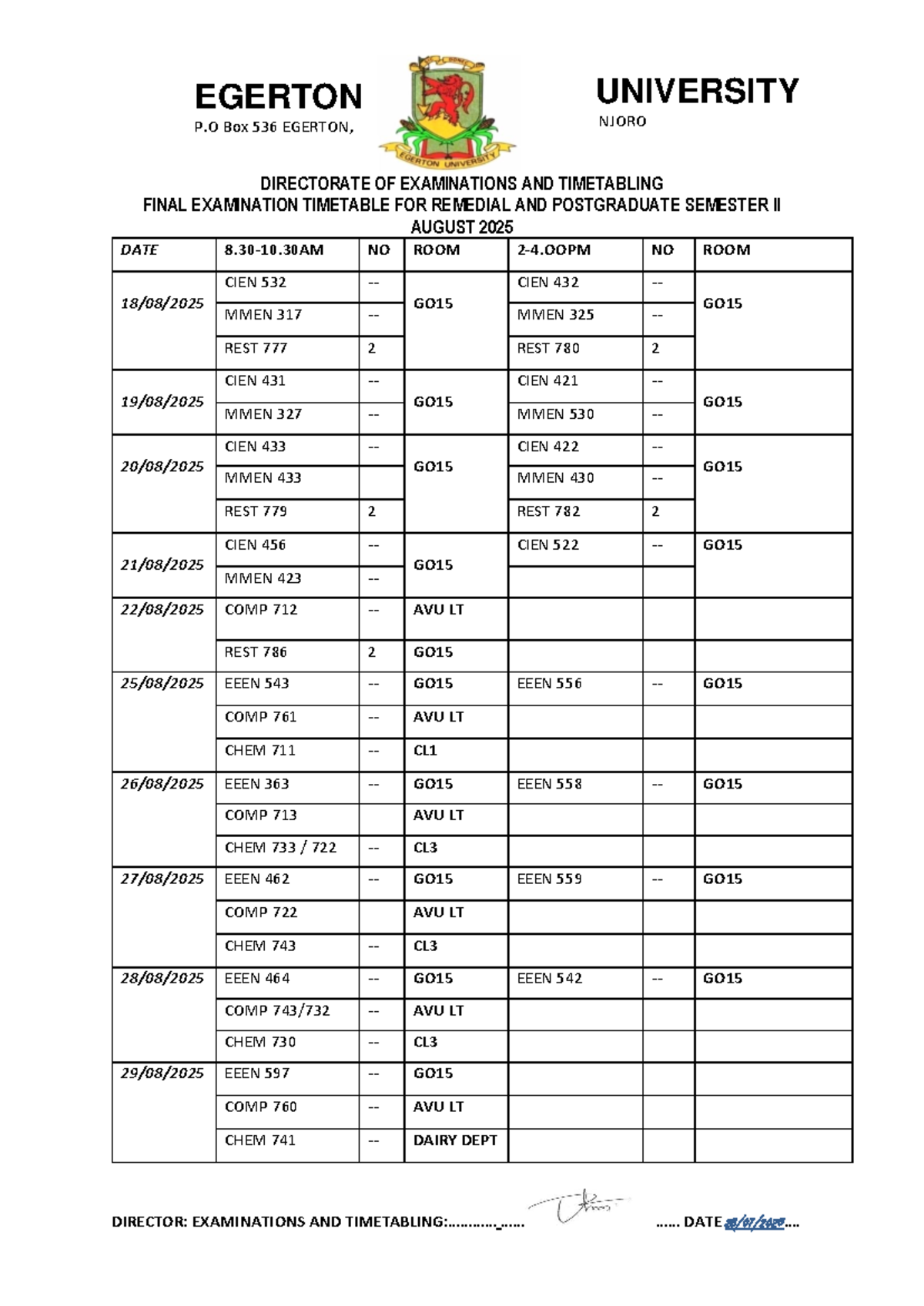 Final Exam Timetable for Remedial & Postgraduate Semester II (Aug 2025 ...