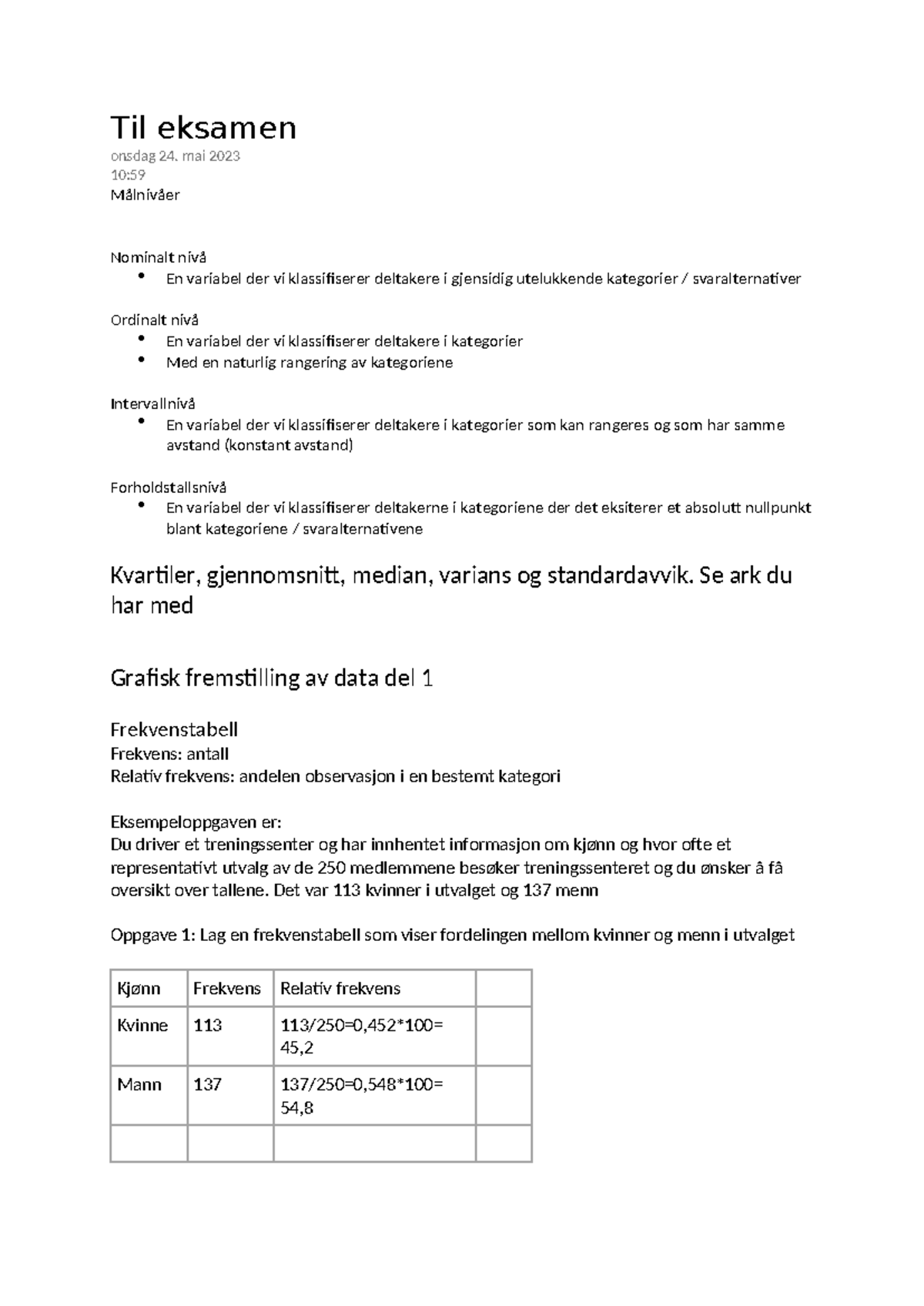 Statistikk ark - Til eksamen onsdag 24. mai 2023 10: Målnivåer Nominalt ...