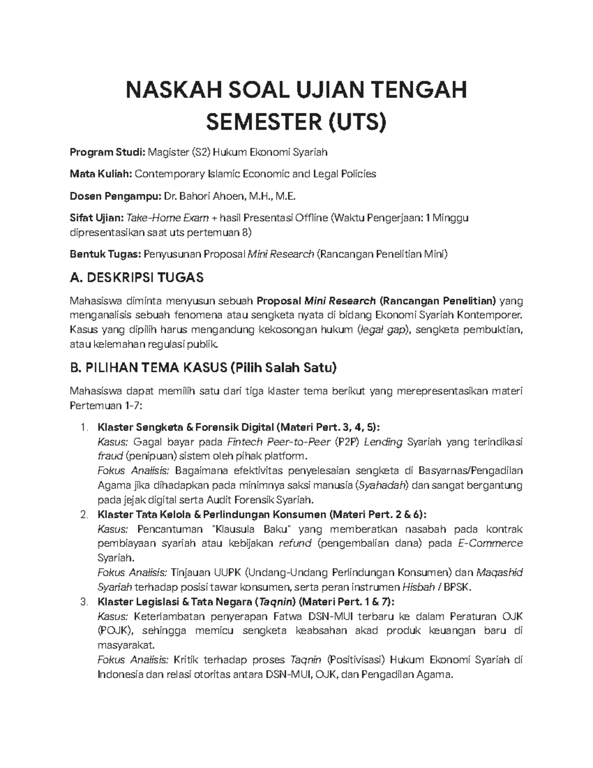 NASKAH SOAL UJIAN TENGAH SEMESTER (UTS) Proposal Mini Research Hukum ...