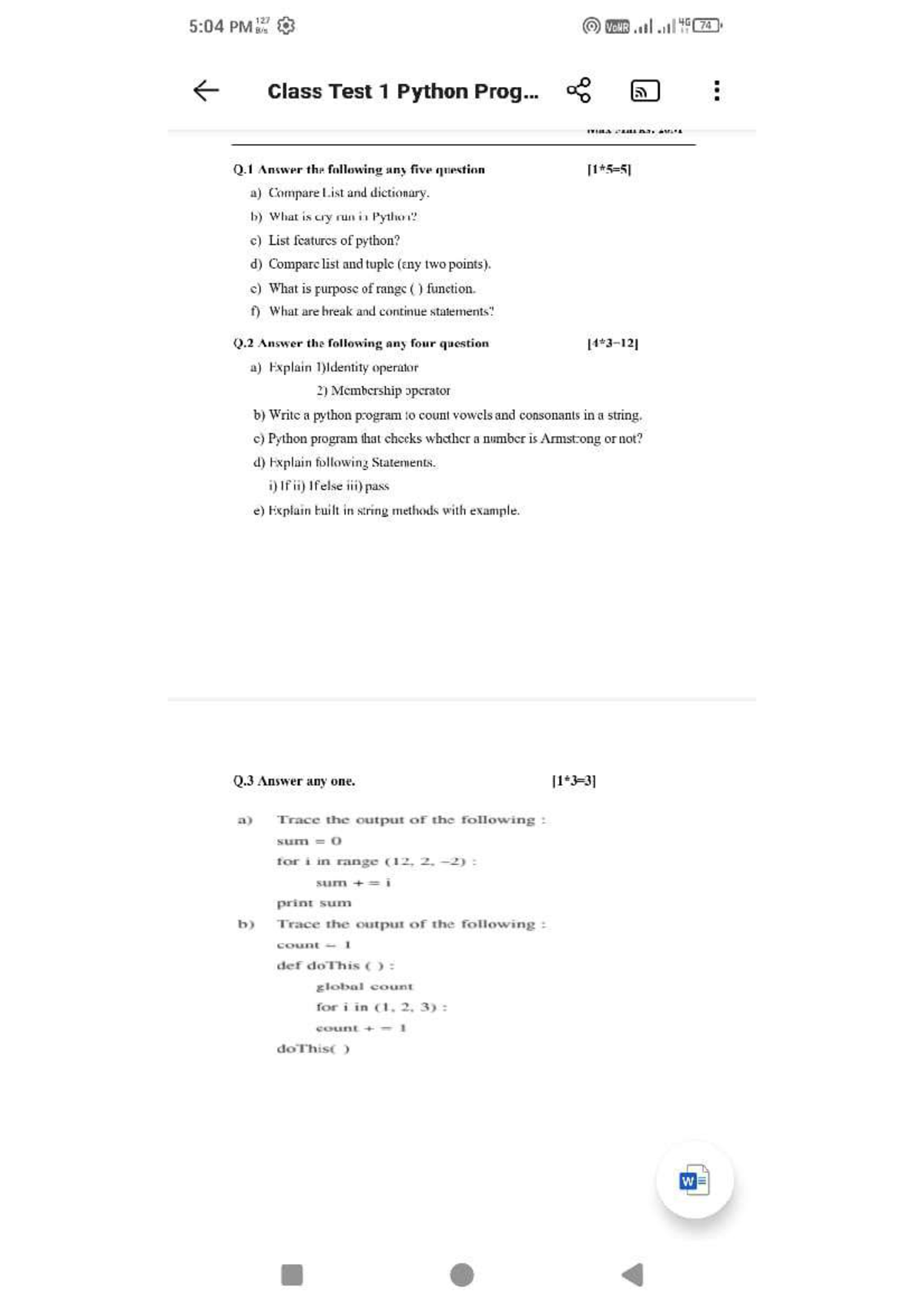 Python Prog. 127 O Class Test 1: Key Concepts & Q&A - Studocu