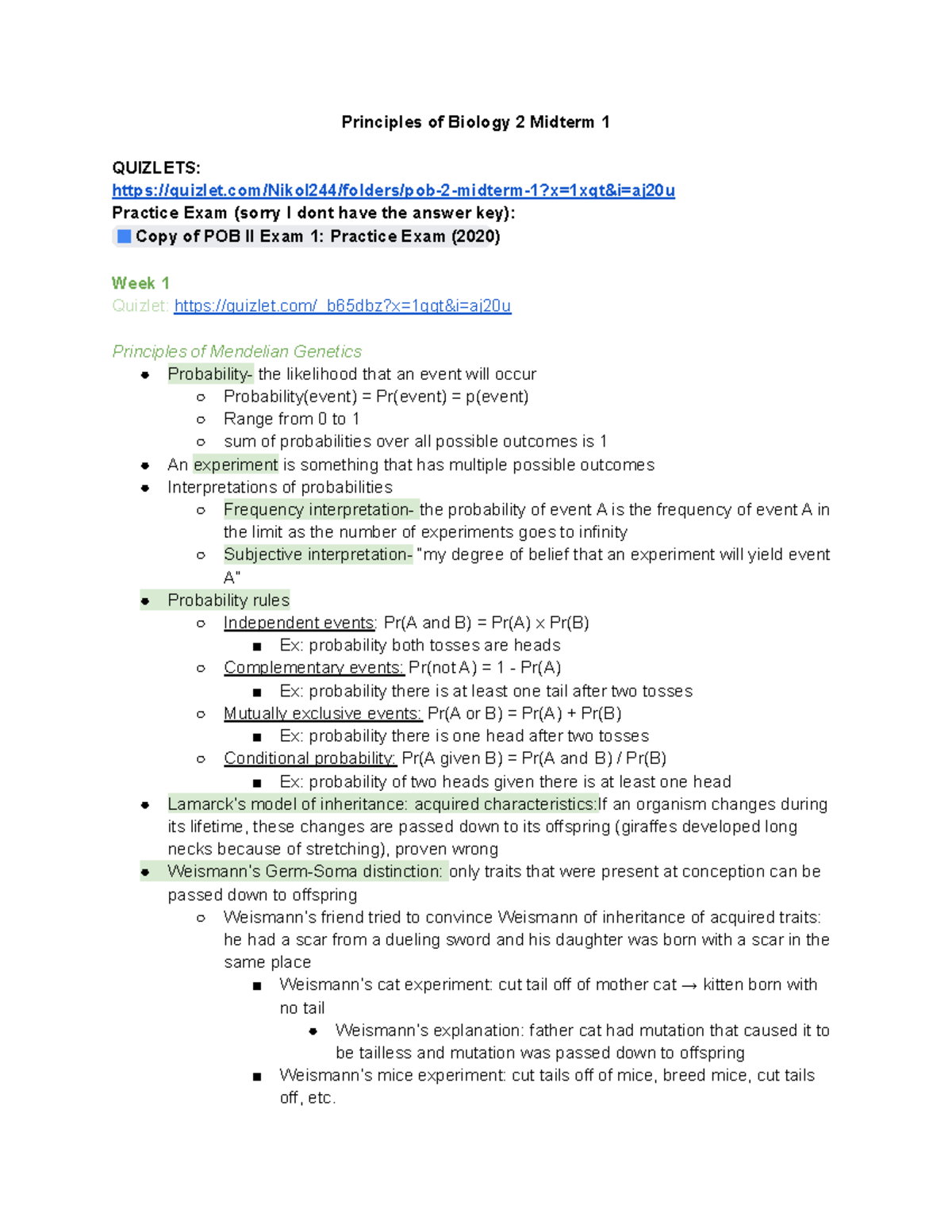 Copy of POB 2 Midterm 1 - notes from class - Principles of Biology 2 ...