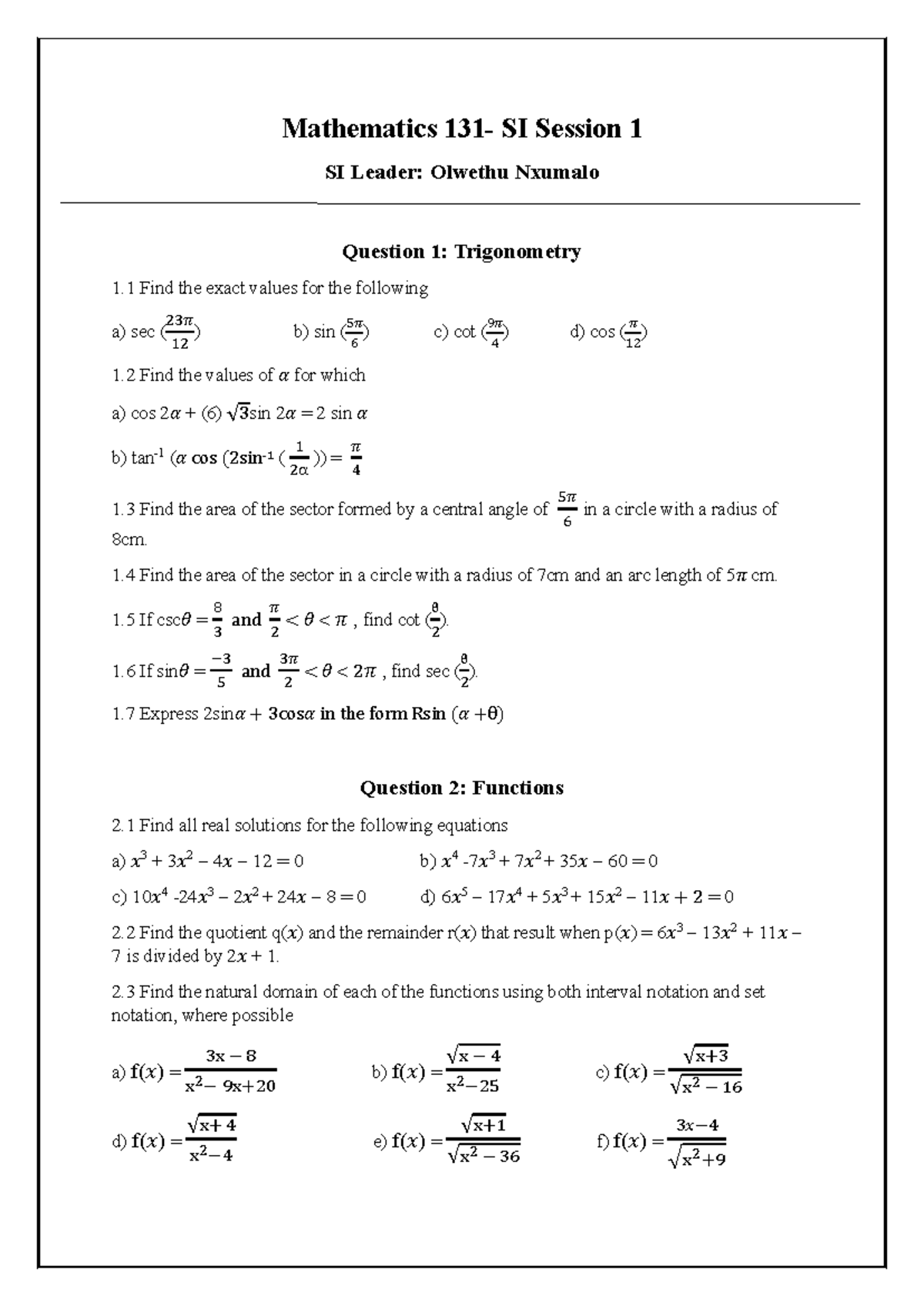 Mathematics SI Session 1 Worksheet: Trigonometry & Functions - Studocu