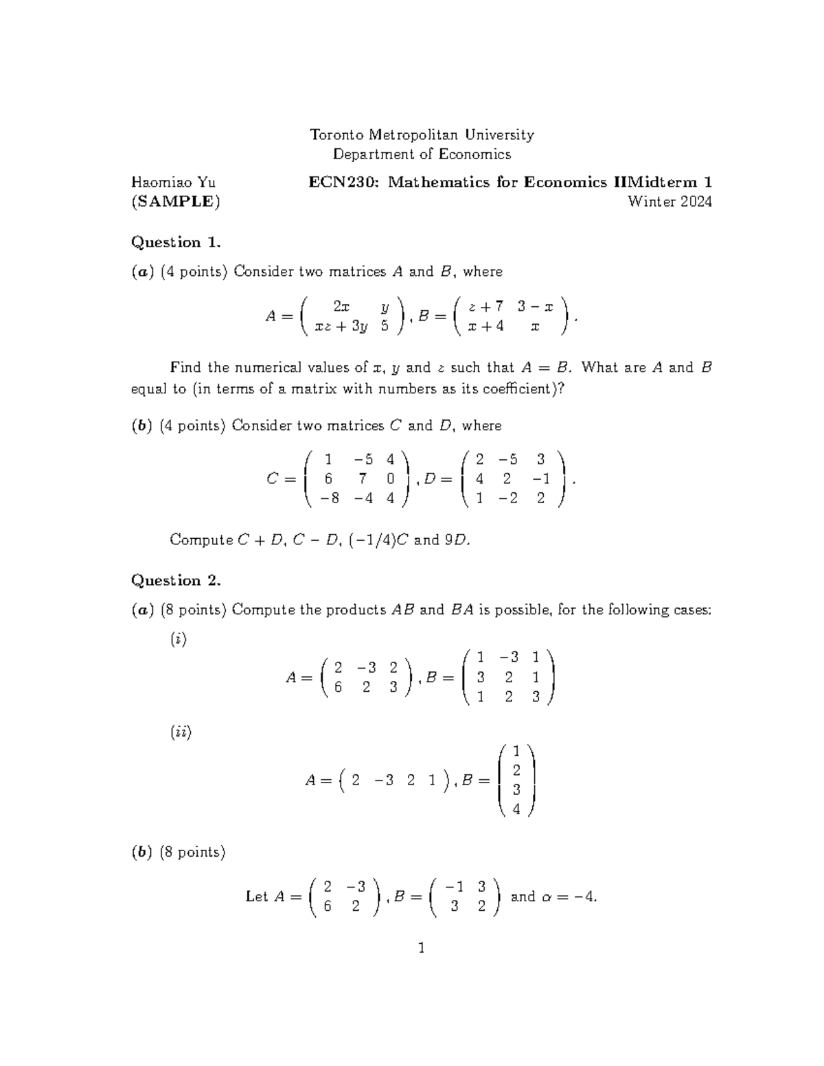 Sample ECN230 Midterm 1 Solutions - Winter 2024 - Studocu