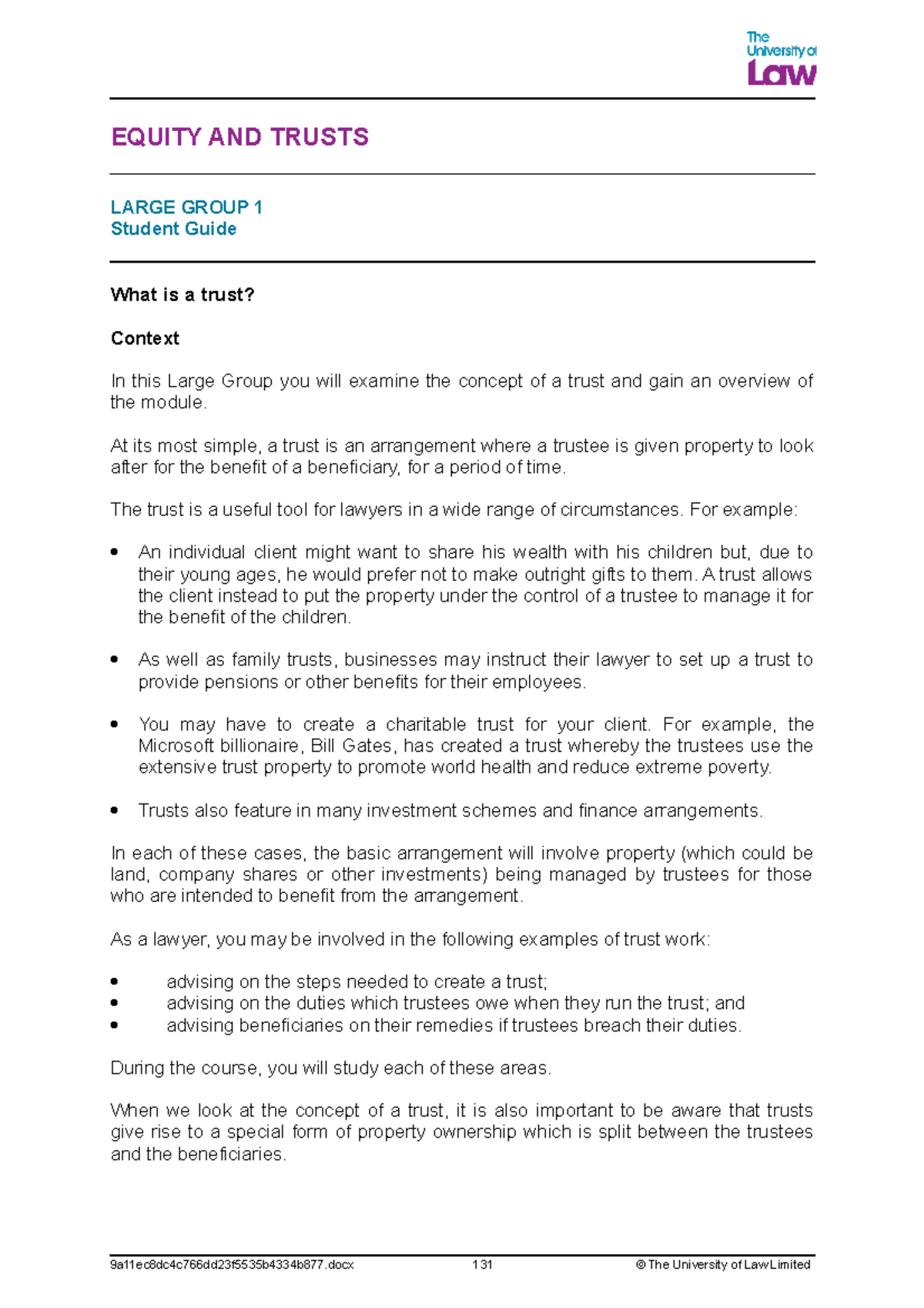 Equity LG1 - EQUITY AND TRUSTS LARGE GROUP 1 Student Guide What is a ...