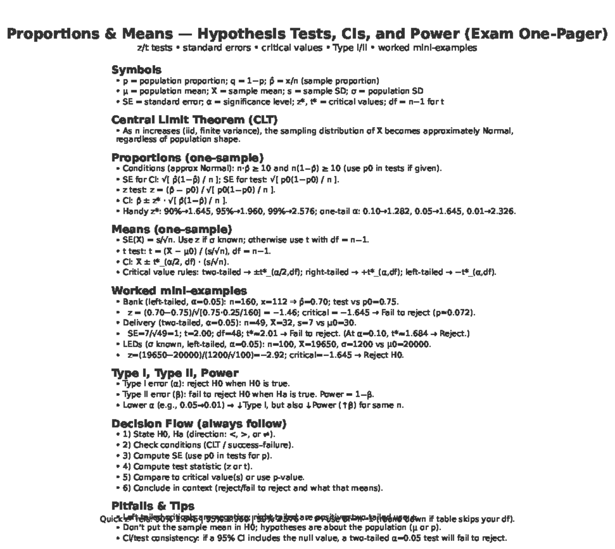 Statistical Hypothesis Tests: Proportions & Means (Exam Review) - Studocu