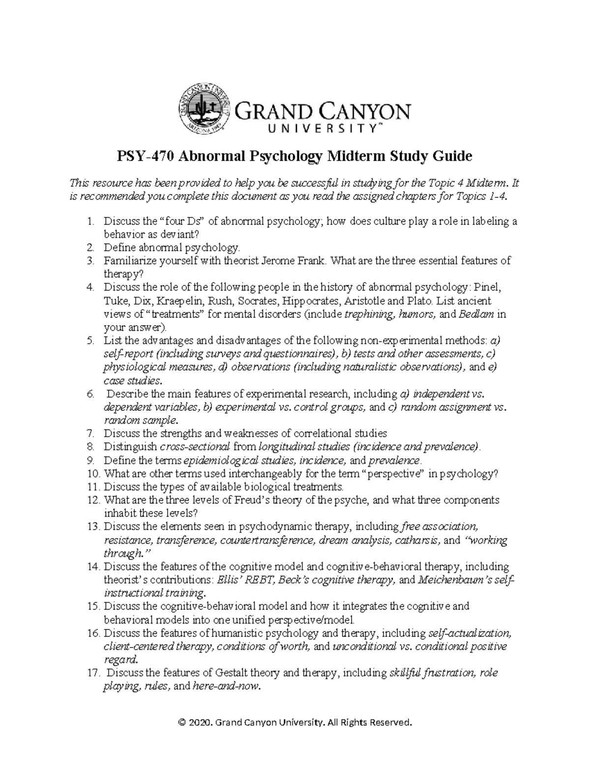PSY 470 RS T4 Abnormal Psychology Midterm Study Guide Review - Studocu