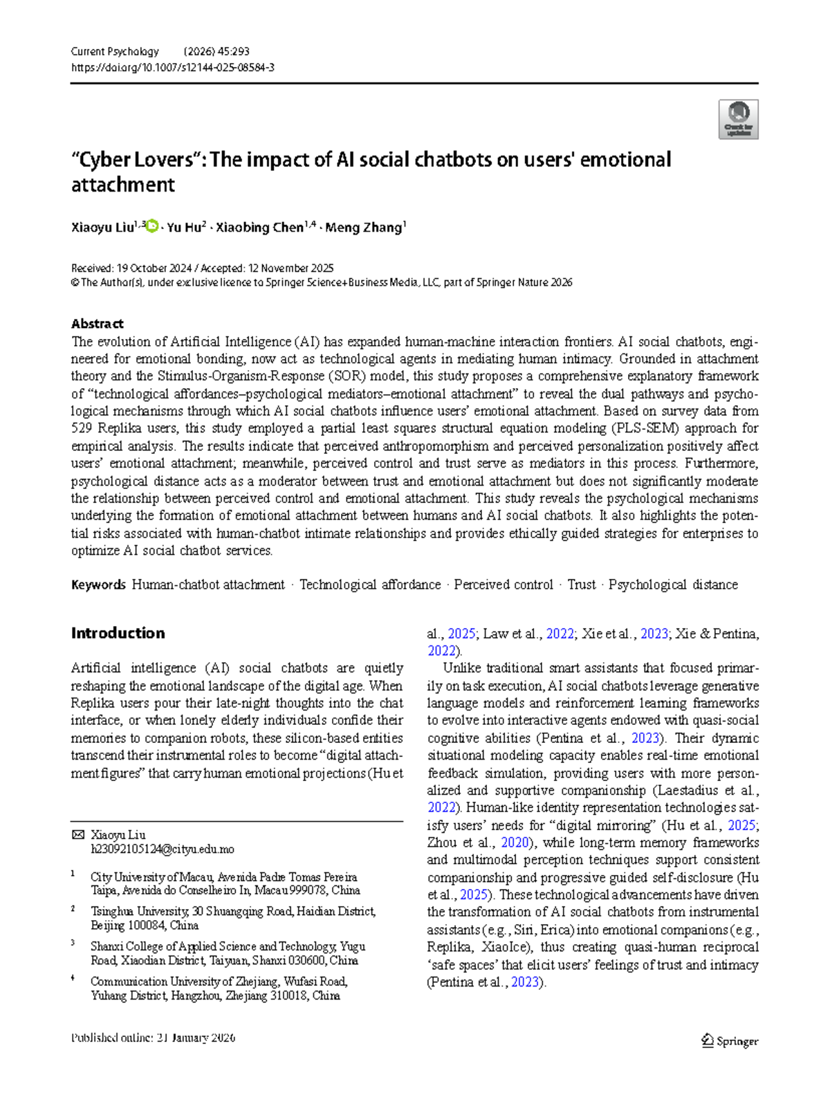 The Impact of AI Social Chatbots on Emotional Attachment: A Study (PSY ...