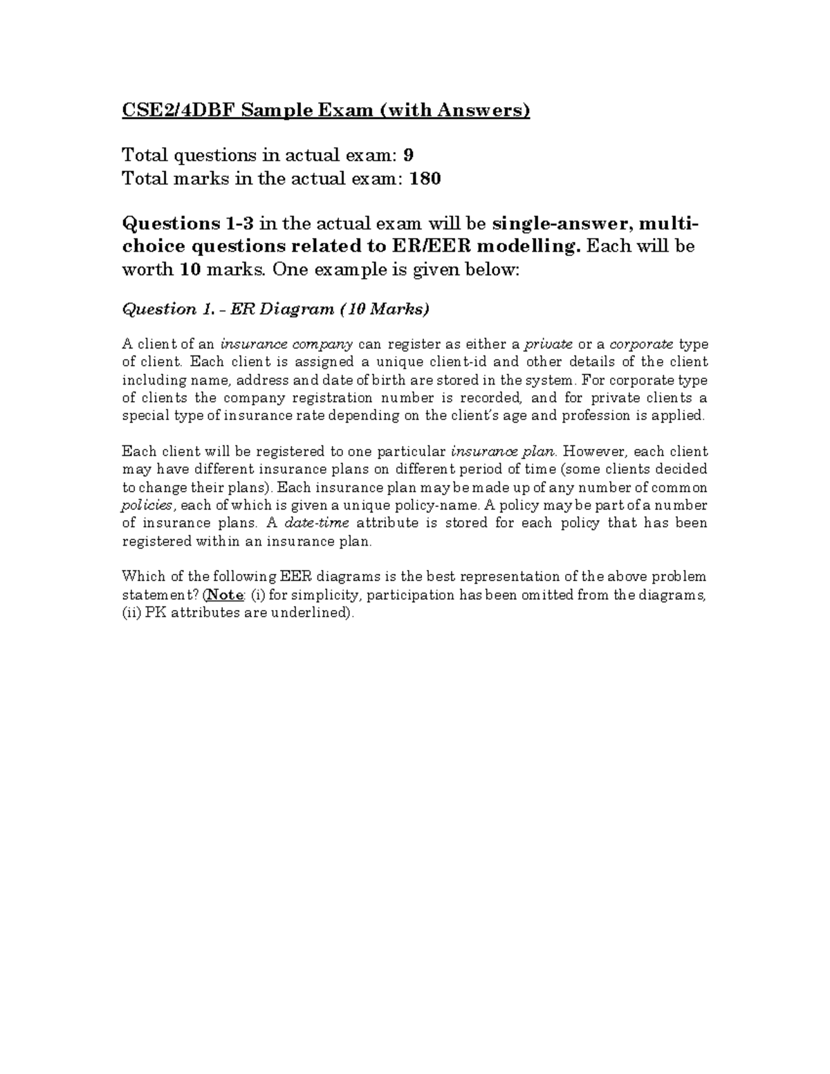 CSE2/4DBF Sample Exam Questions with Answers and Solutions - Studocu