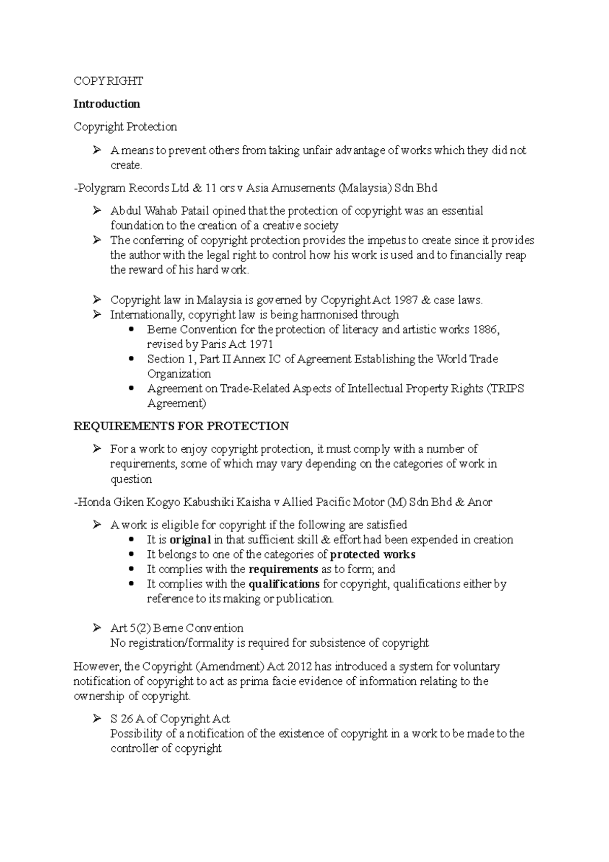 Lecture Notes on Copyright Law - Important Cases & Concepts (LLB101 ...