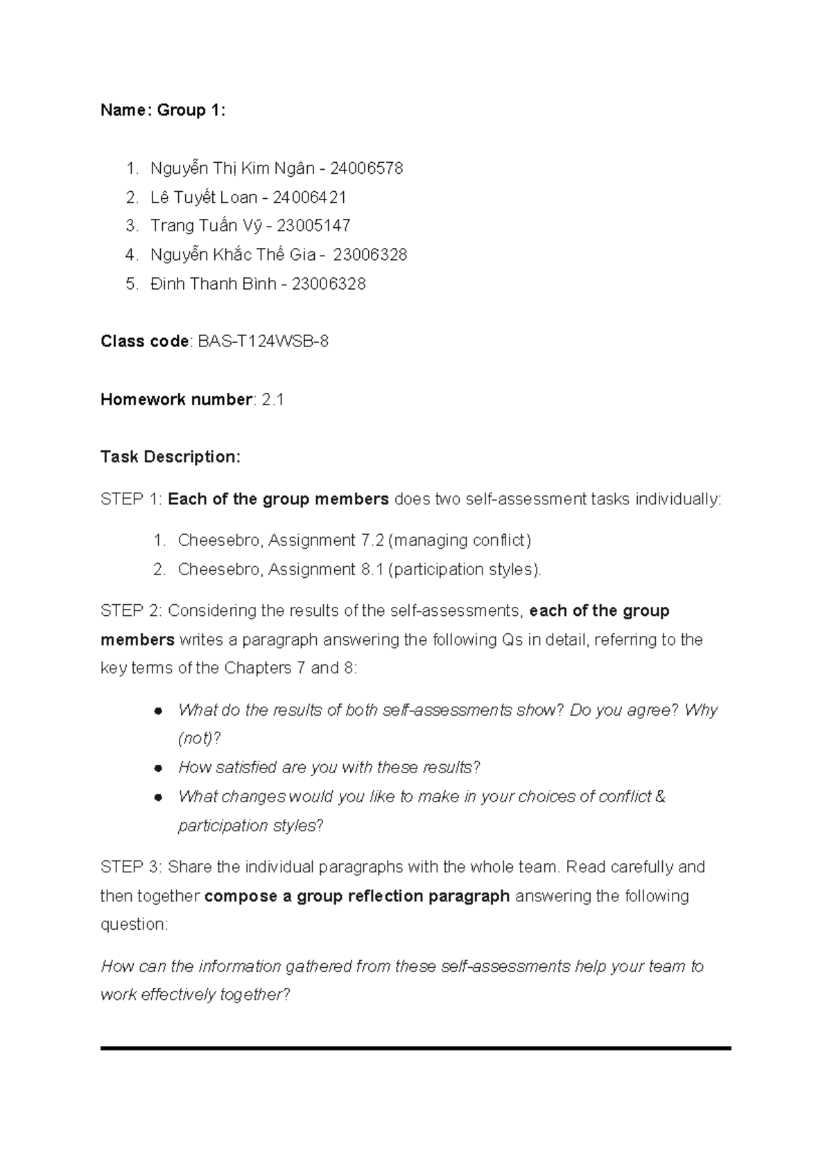 HW2.1 Group Reflection on Conflict Management Styles - BAS-T124WSB-8 ...