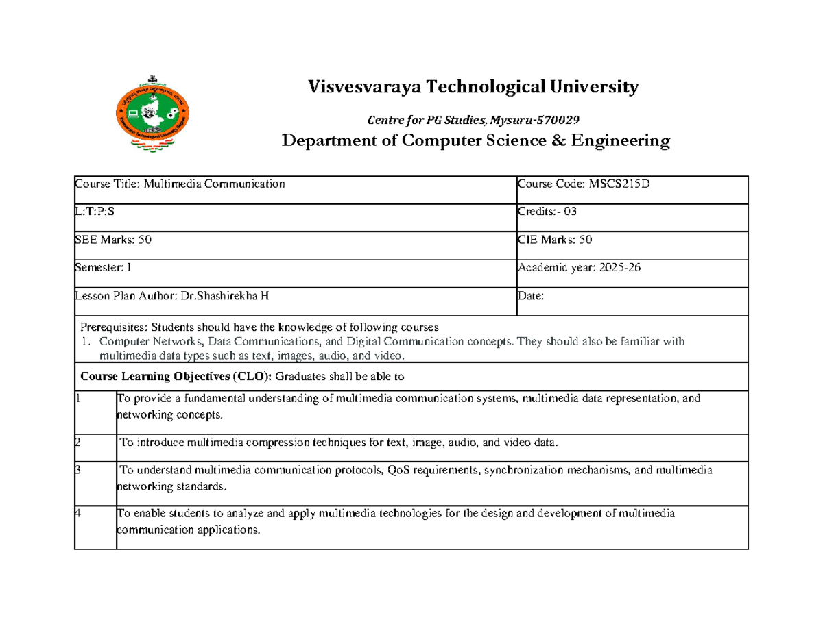 Lesson Plan for Multimedia Communication (MSCS215D) - Semester I - Studocu