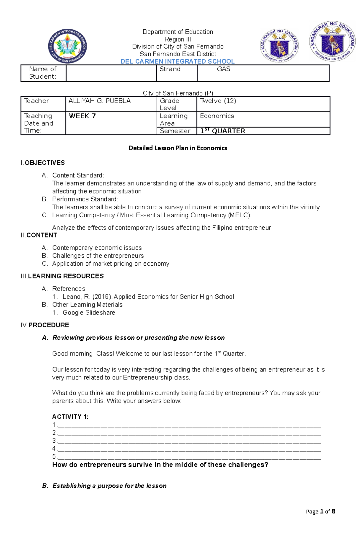 DLP Applied Economics Lesson Plan: Week 7 - 1st Quarter - Studocu