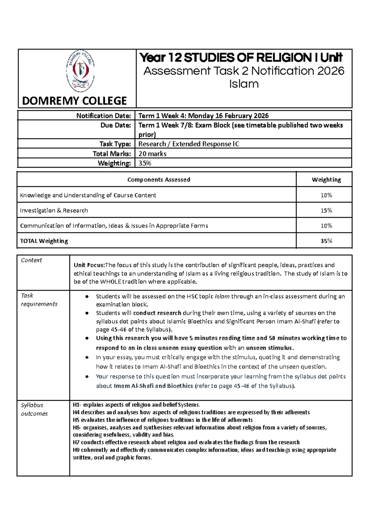 Year 12 SOR I Unit Assessment Task 2: Islam Research Notification 2026 ...