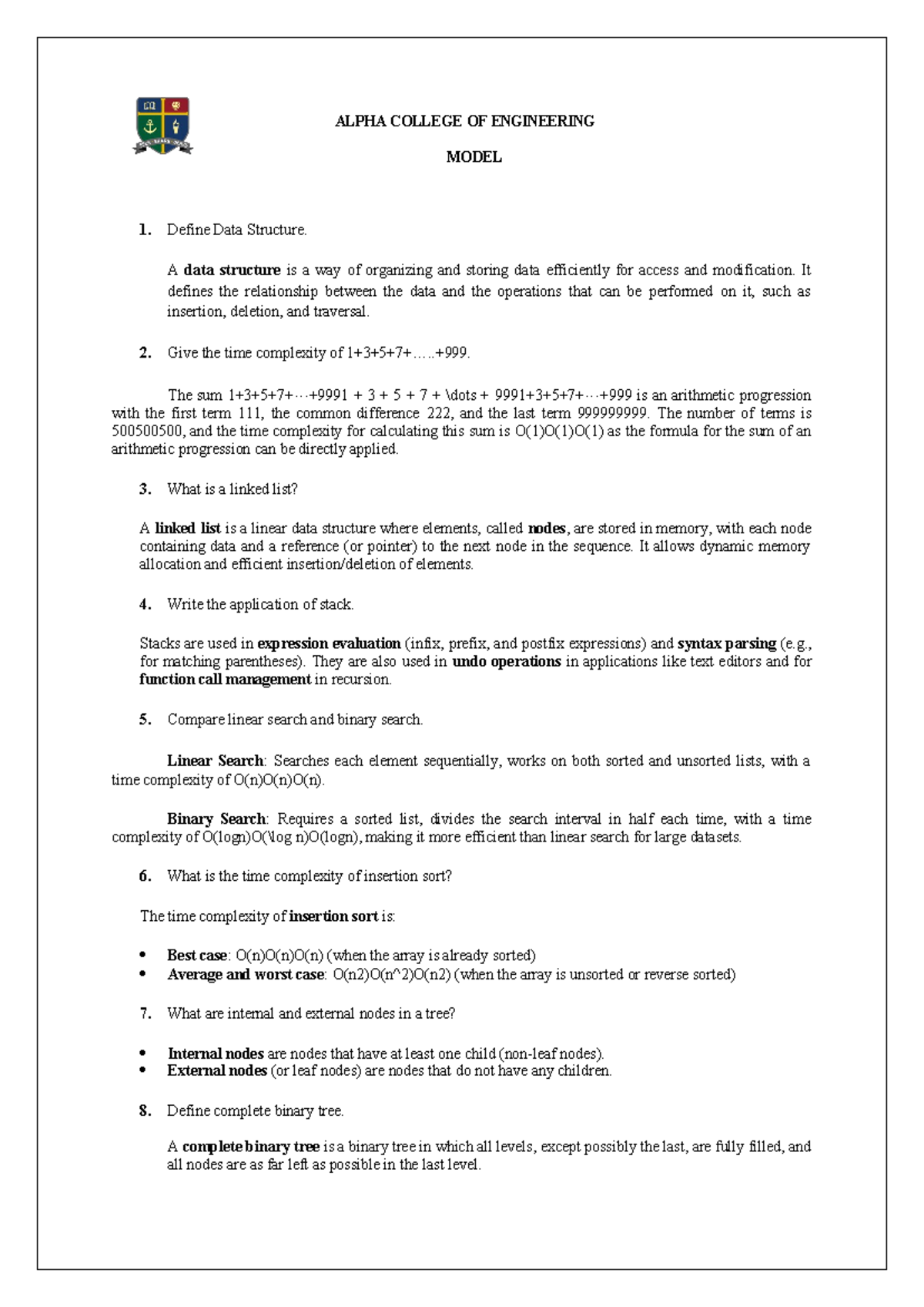 Model answer key - question bank - ALPHA COLLEGE OF ENGINEERING MODEL ...